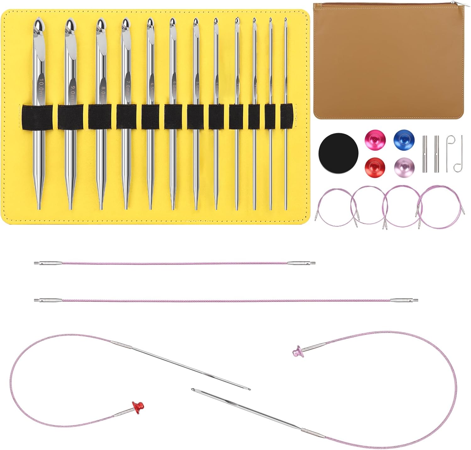 Aeelike Interchangeable Tunisian Crochet Hooks Set, 12 Sizes Tunisian Crochet Hooks Set with Cables 3.0mm - 10.0mm Smooth Ergonomic Hook for Making Blanket Scarves, Ideal Gift