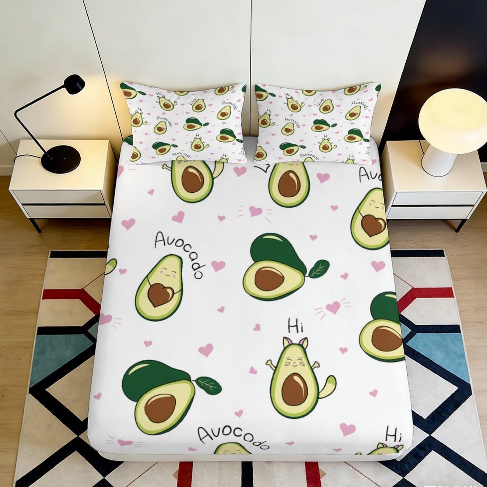 3D Printed Avocado Fitted Sheet Microfiber Soft Breathable Cartoon Pattern Bed Cover for Bedroom Dormitory Guest Room Mattress Protection Decor 160x200x25cm