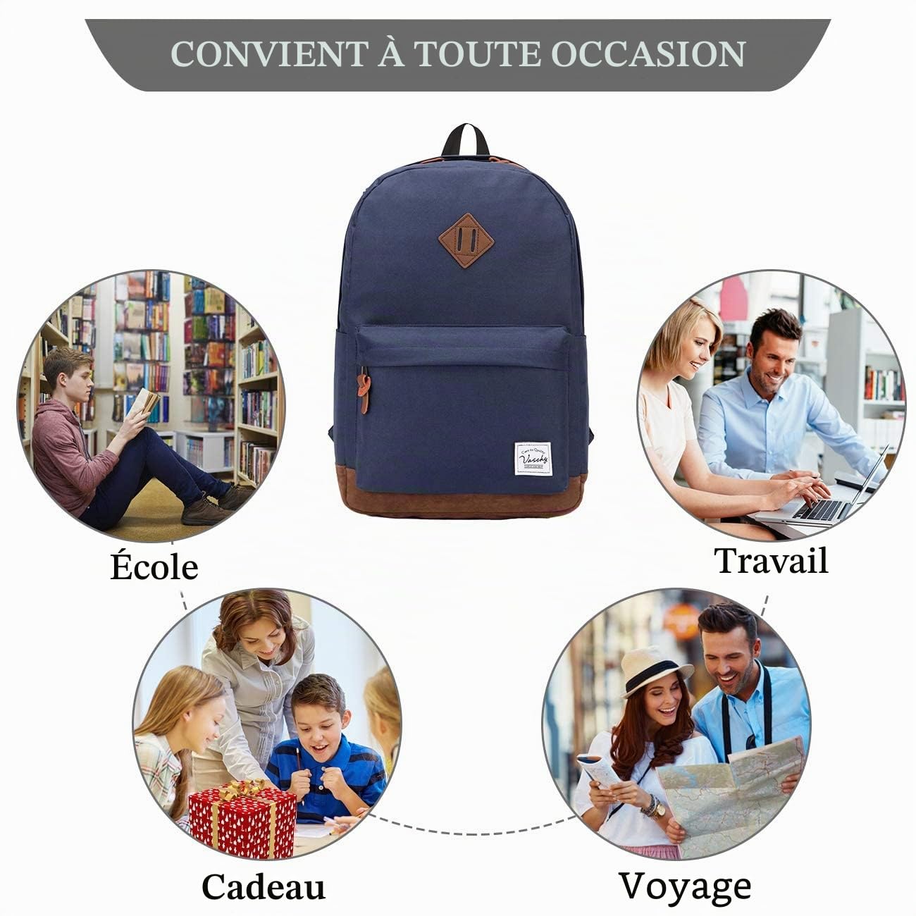 VASCHY Sac à dos pour homme et femme Sac à dos d'écolier Sac à dos pour ordinateur portable Sac à dos de loisirs