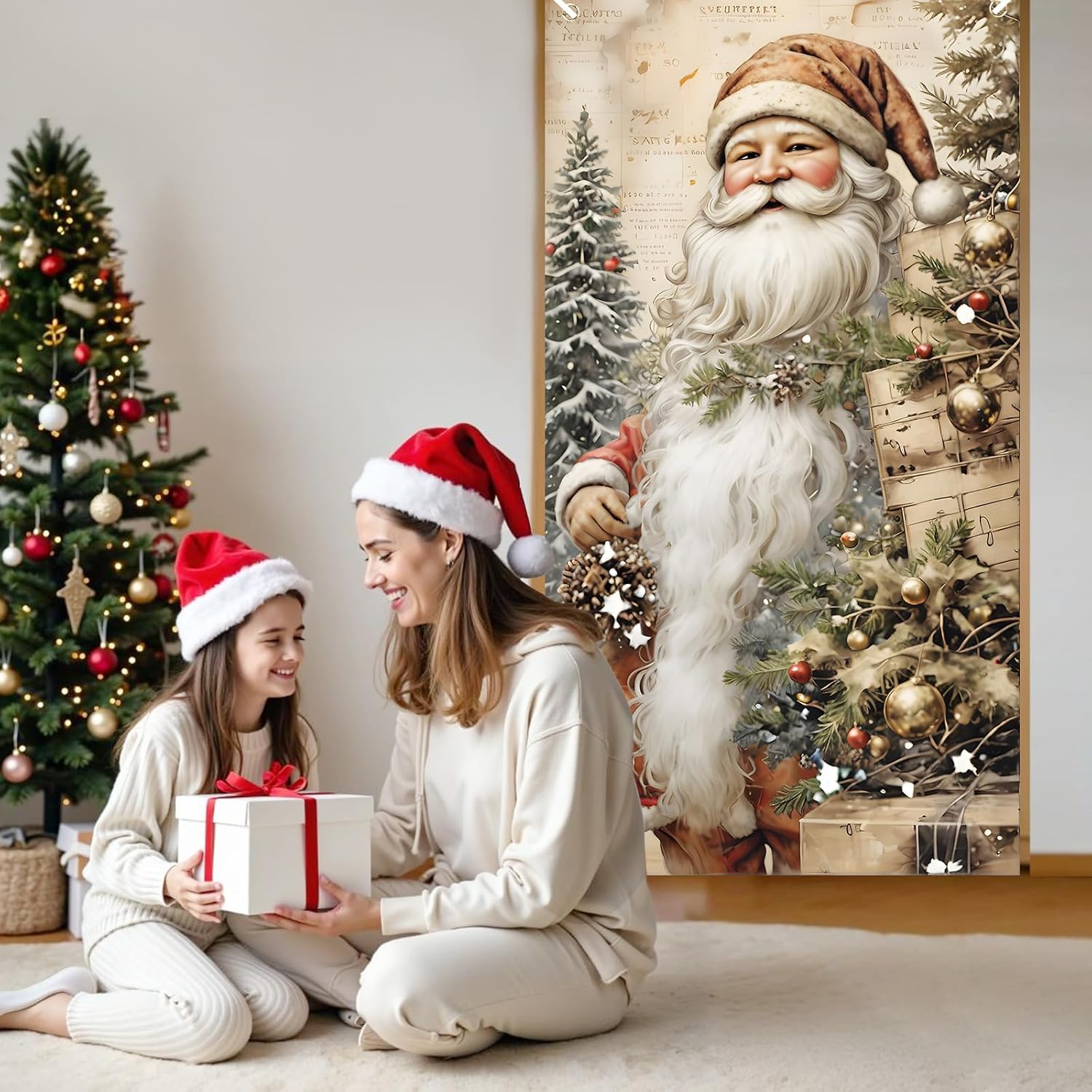 Vintage Christmas Door Cover - Santa Claus Merry Christmas Banner White Retro Xmas Hanging for Indoor/Outdoor Home Holiday Winter