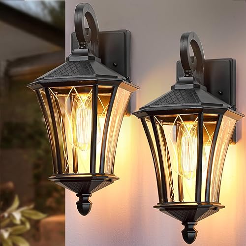 YSN Paquete de 2 luces de pared grandes para exteriores de 16 pulgadas, accesorios de iluminación exterior negros, luces exteriores impermeables