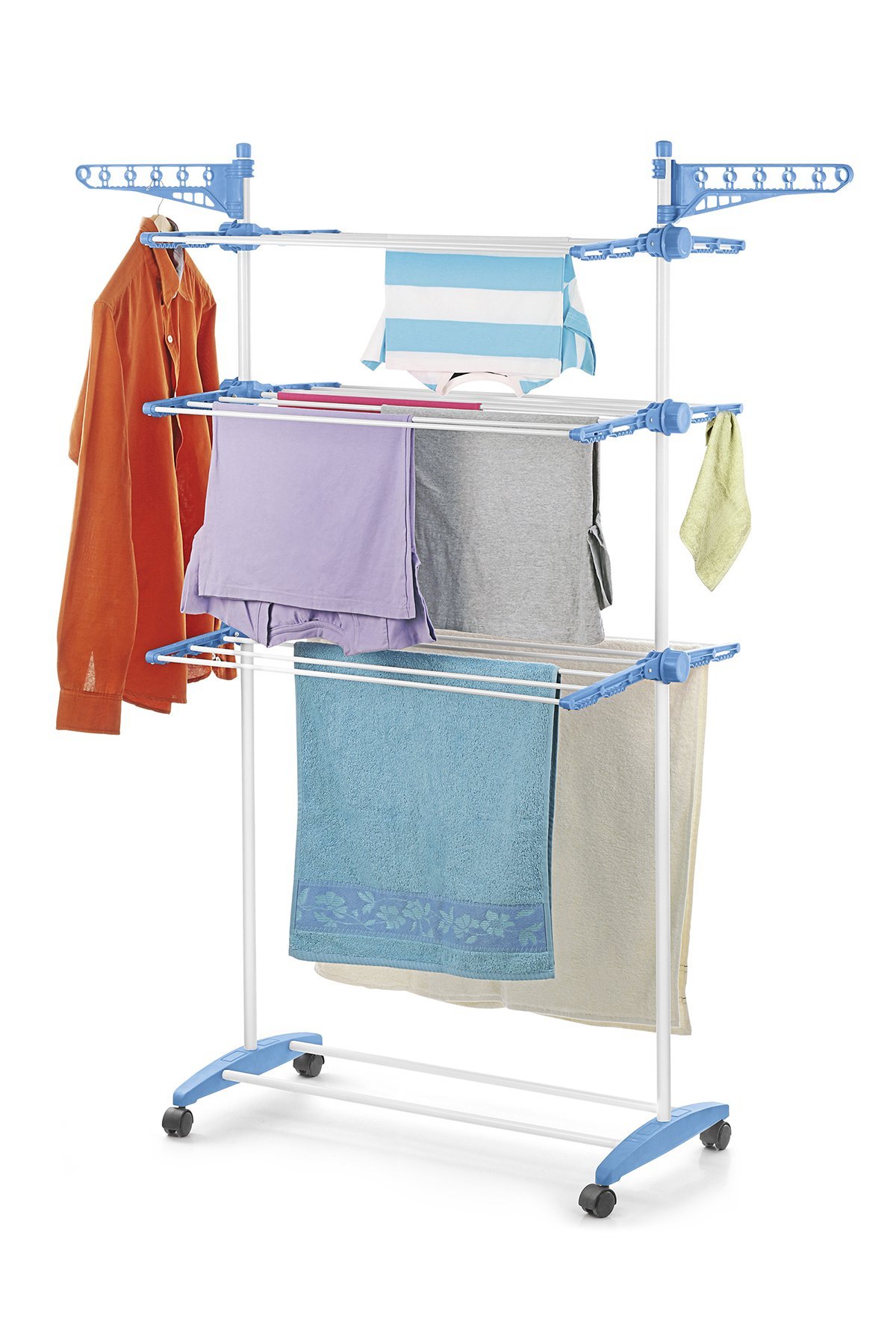 BONITAMaxdry Multifunctional Clothes Drying Station (White and Blue)-2 Poll Three Layer Clothes Rack Hanger with Wheels for Drying Clothes