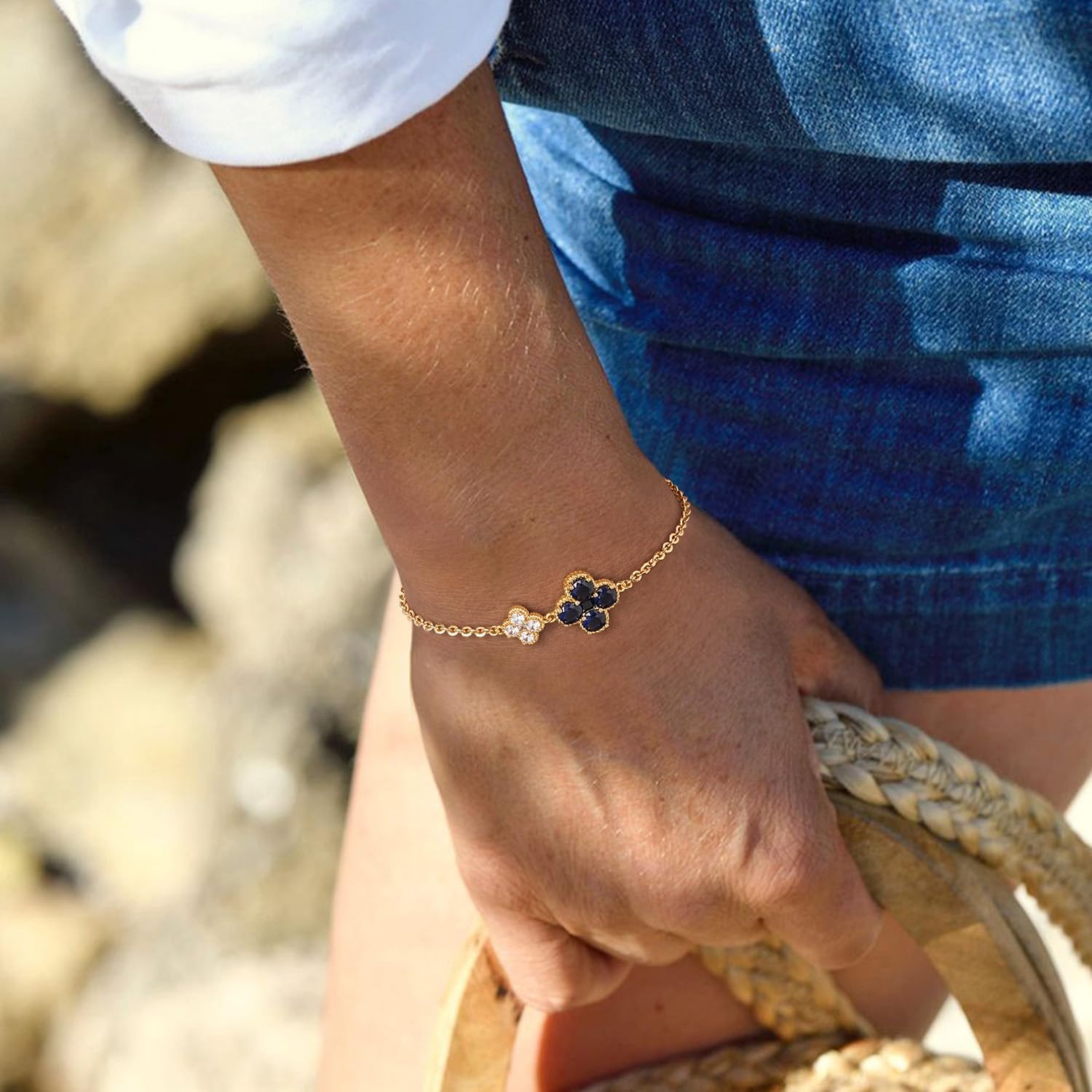 MYEARS Flower Bracelet for Women Gold Sideways Double Four-leaf-clover Link Charm 12 Month Birthstone Cubic Zirconia 14K Simple Dainty Thick Chain Floral Lucky Jewelry Gift - Image 4