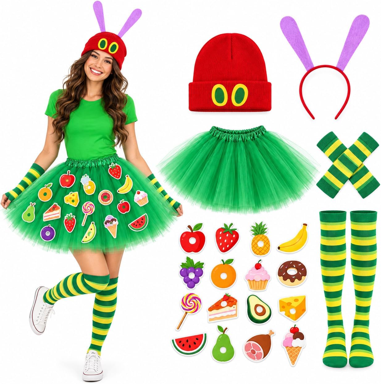 JcHrmers 29 Pcs Caterpillar Costume Accessories Set Green Tutu Skirt Red Beanie Antenna Headband Striped Socks Arm Warmers Food Decorations for Adults Women Halloween Book Character Day