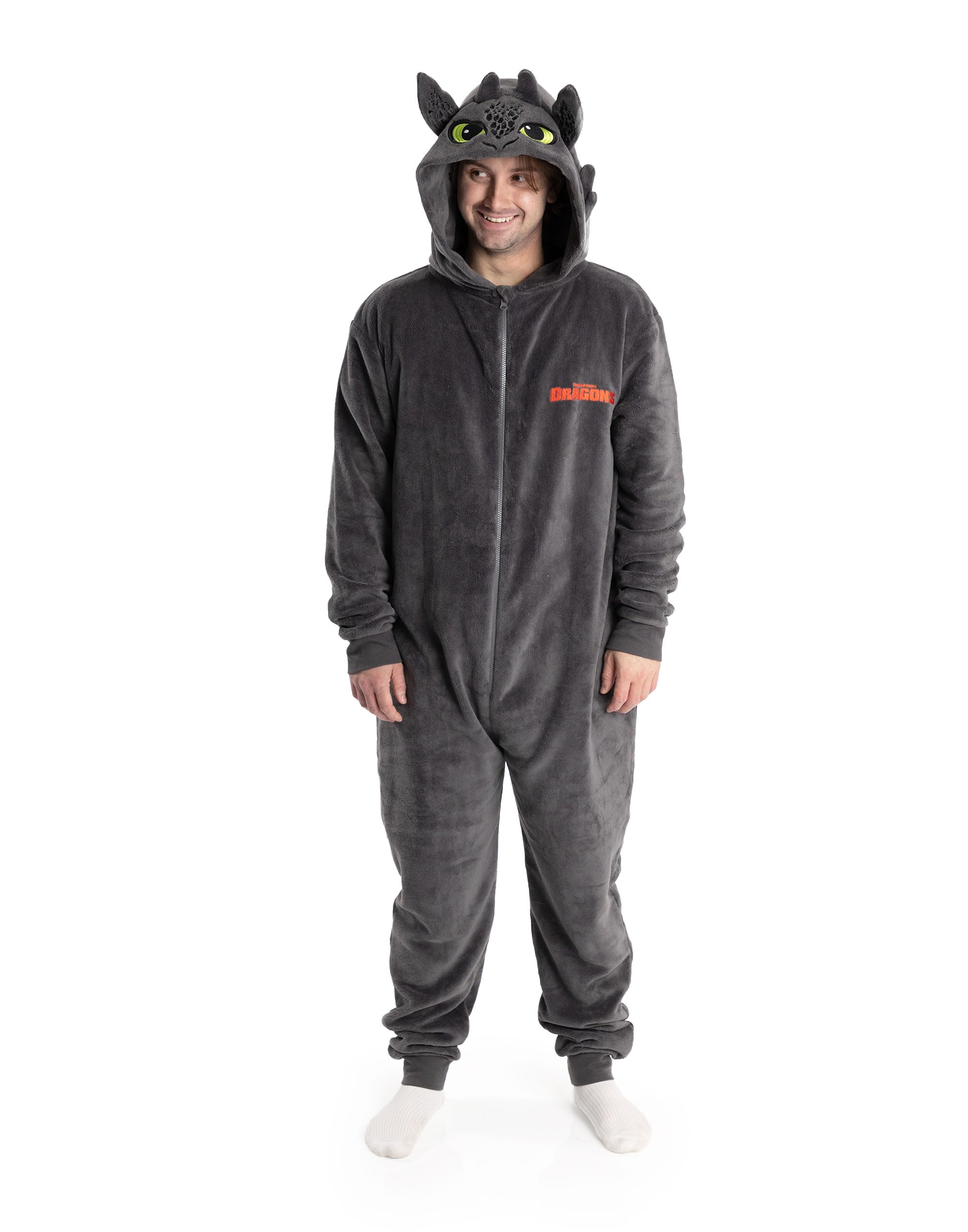 How To Train Your Dragon Toothless Grey Onesie | Long Sleeve Zip-up Cosy Fleece Loungewear with 3D Hood | Unisex Adult Costumes | Dreamworks Dragons Merch - X-Large