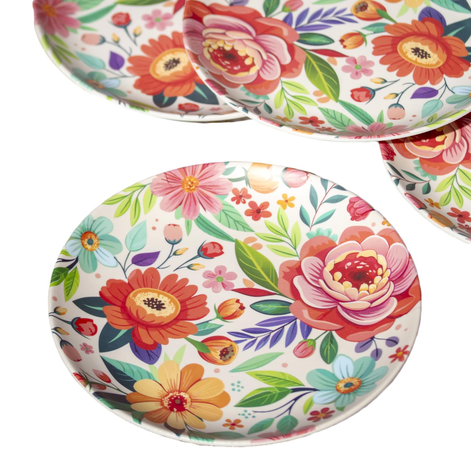 Darthome Set of 4 Melamine Floral Dinner Plates, Multicoloured, Shatterproof, 24.5cm, Dishwasher Safe, Outdoor Dining