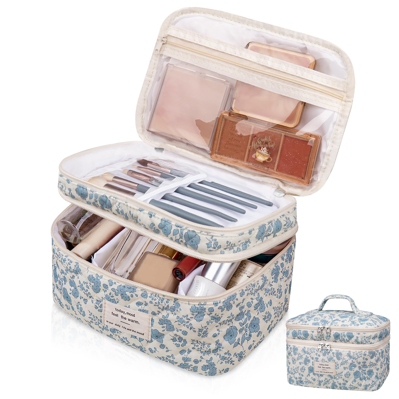 Makeup bag, Large Cosmetic Bag for Women Girls, Cute Quilted Makeup Bags, Floral Coquette Aesthetic Toiletry Bag, Travel Make Up Organizer Bag (Blue Flowers)