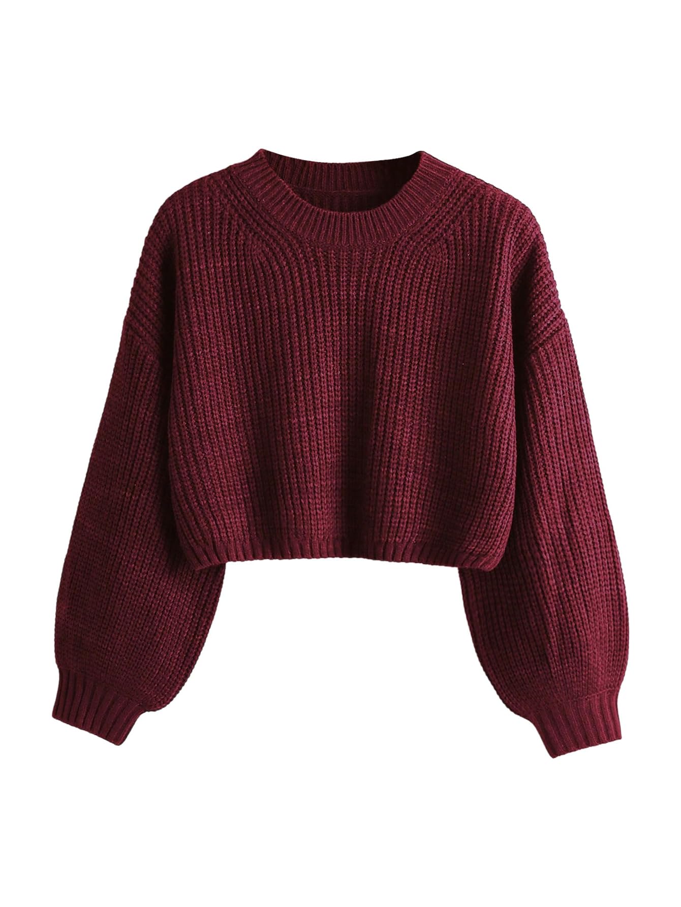 OYOANGLE Womens Bishop Long Sleeve Cropped Sweater Solid Drop Shoulder Crew Neck Jumper Top