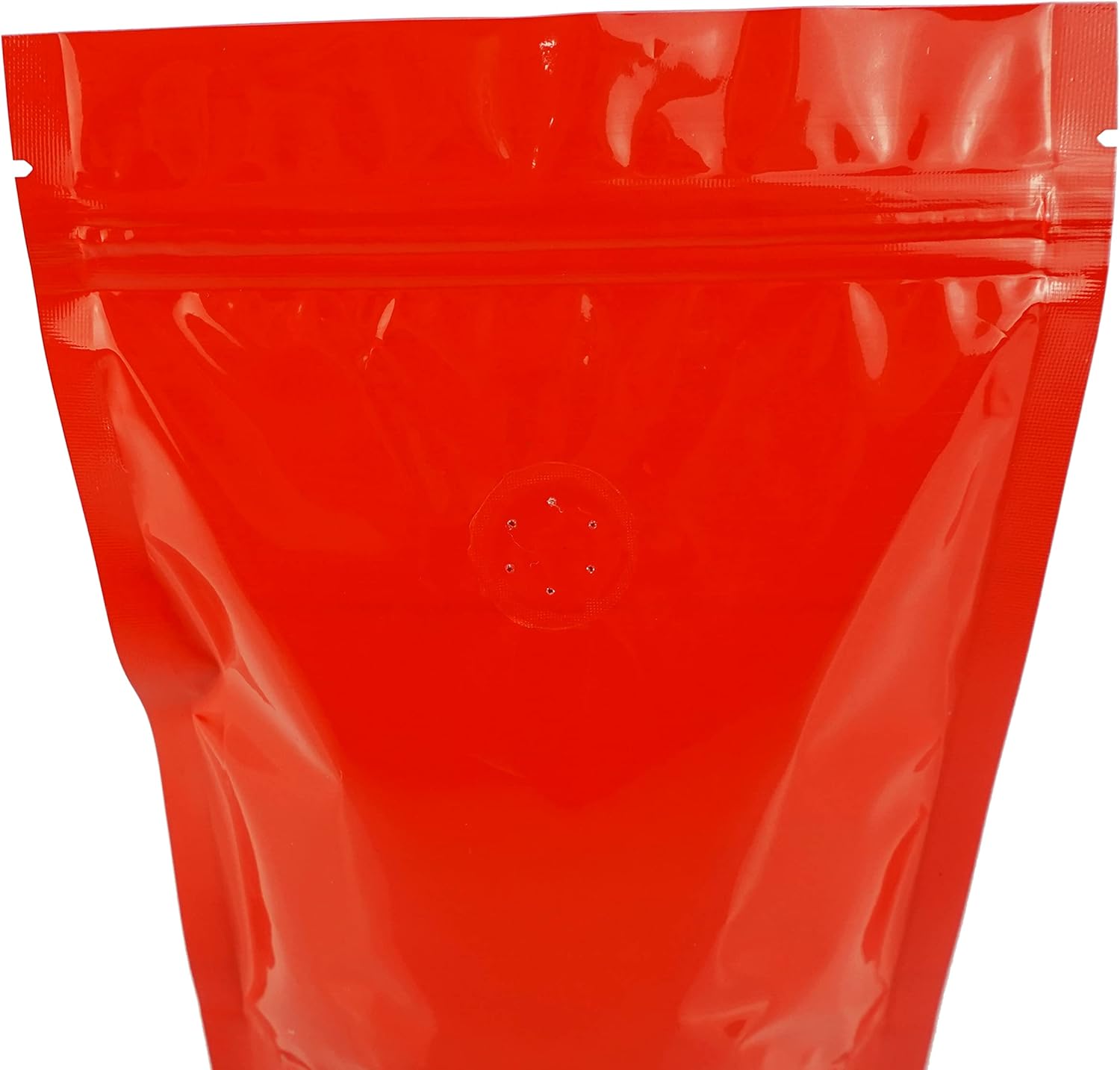 QQ Studio 50 Red Mylar Coffee Bags with Degassing Valve and Window, Heat Seal Stand Up Bags, 4.6 oz or 7 oz, Resealable Food Safe Coffee Pouches for Roasted Beans (4oz (5.5x7.9"))