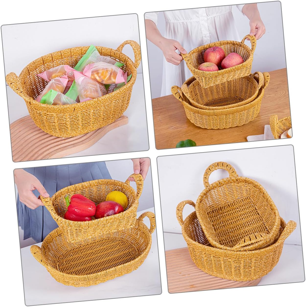 Tofficu Large Oval Deep Fruit and Bread Basket Handles, Plastic Imitation Rattan Proofing and Serving Tray for Kitchen Storage and Outdoor Picnic Use