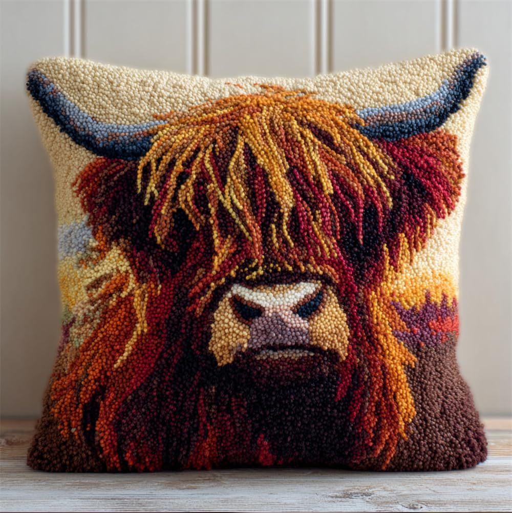 Taxpy Latch Hook Pillow Case Kits,Highland Cow 17X17Inch 3D DIY Latch Hook Cushion Cover Kit,Knitting Kits Cushion for Adults and Beginners Rug Making Kit for Starters