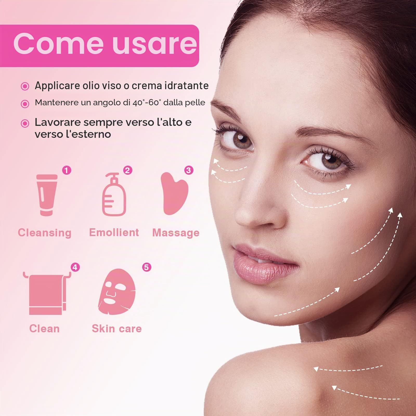 Gua Sha Pietre viso giada pietra a forma di cuore Guasha Board strumento di massaggio antigraffio per viso, occhi, collo per la cura della pelle (rosa)