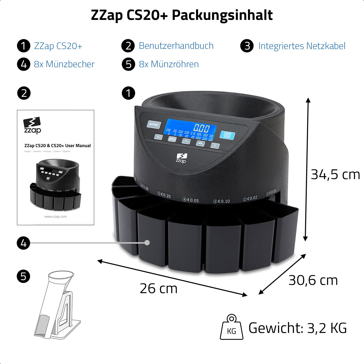 ZZap CS20+ Automatischer EURO Münzzähler & -sortierer - Geldzählmaschine Münzzählautomat Geldzähler