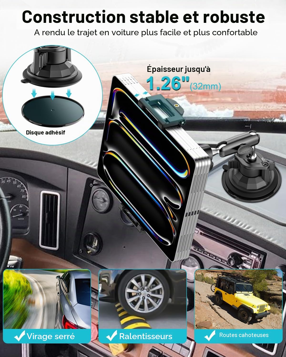 Support Tablette Voiture Tableau de Bord pour 6,1 à 15,6 Pouce iPad, Support Tablette Ventouse sur Pare-Brise Camion avec Bras Réglable à 360° pour iPad Pro 13 12.9 Air Mini, Galaxy tab, iPhone