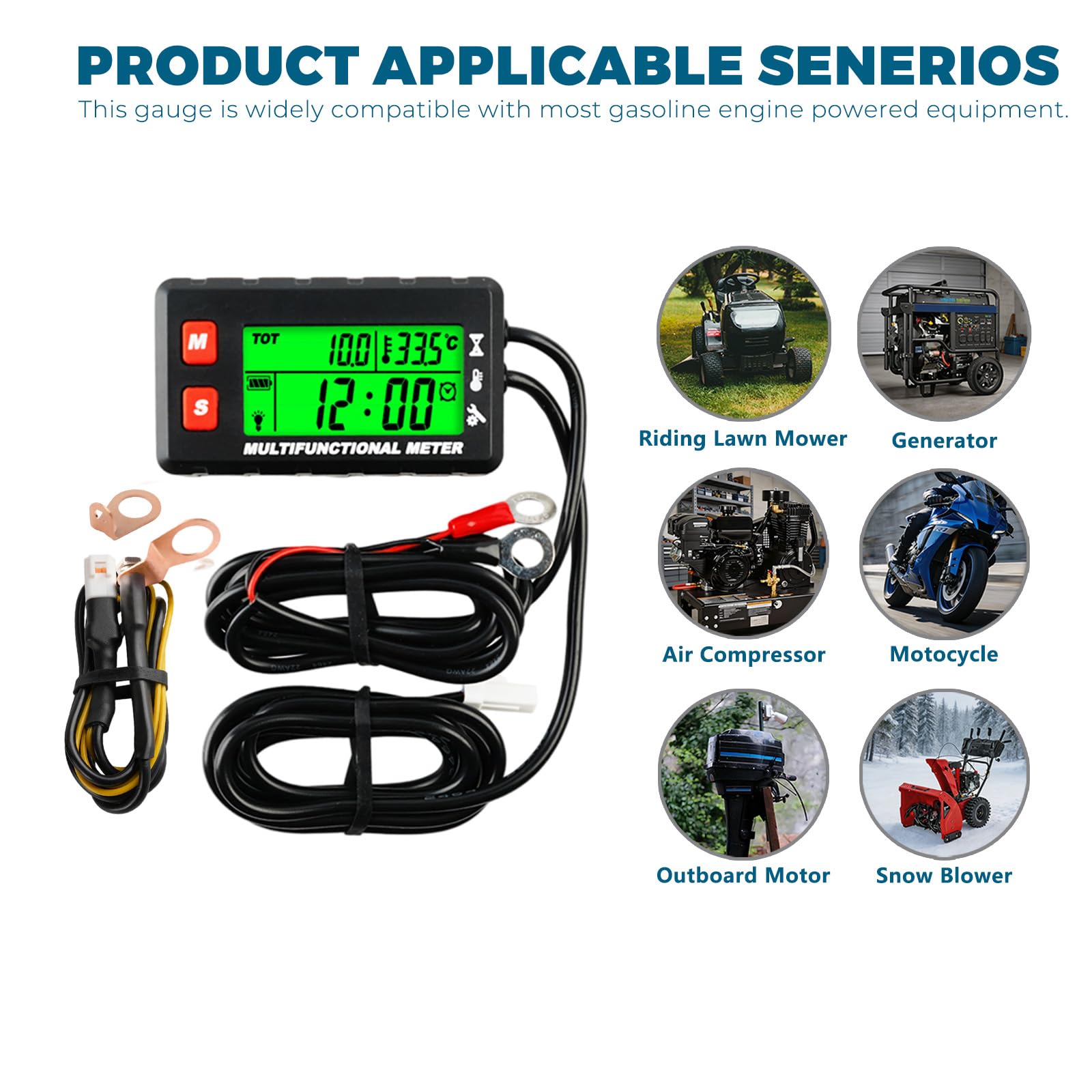 Runleader Compteur de température du moteur Digital, Compteur de tours/heure, Remplacement de la batterie et Alimentation externe DC5V à 30V pour moteur à essence, tracteur de jardin, générateur