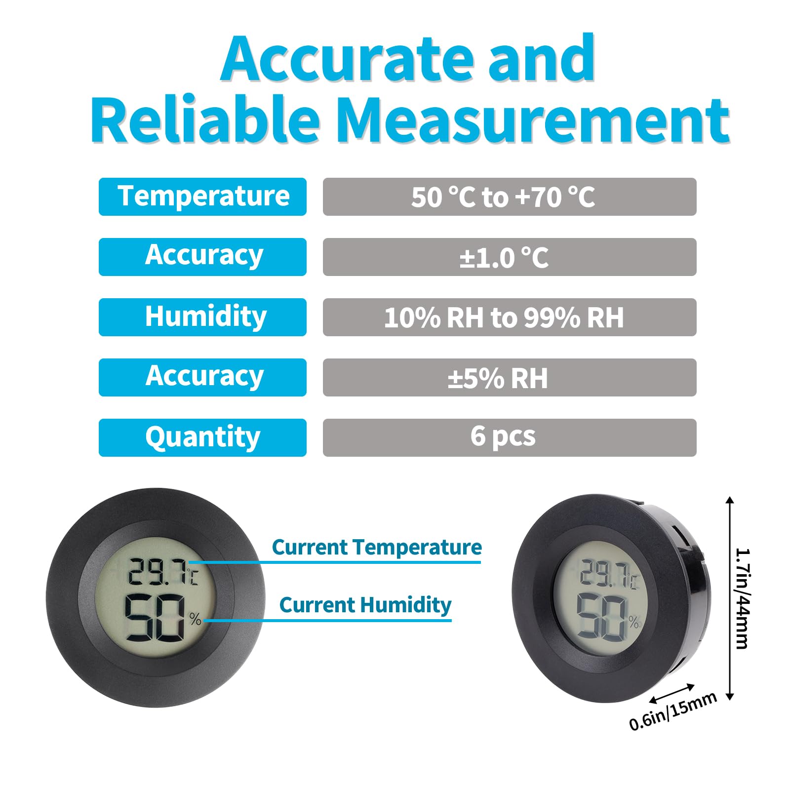 6 pièces mini hygromètre thermomètre, hygromètre numérique LCD, petit hygromètre d'intérieur appareil de mesure de la température, moniteur de température et d'humidité pour la maison, les reptiles