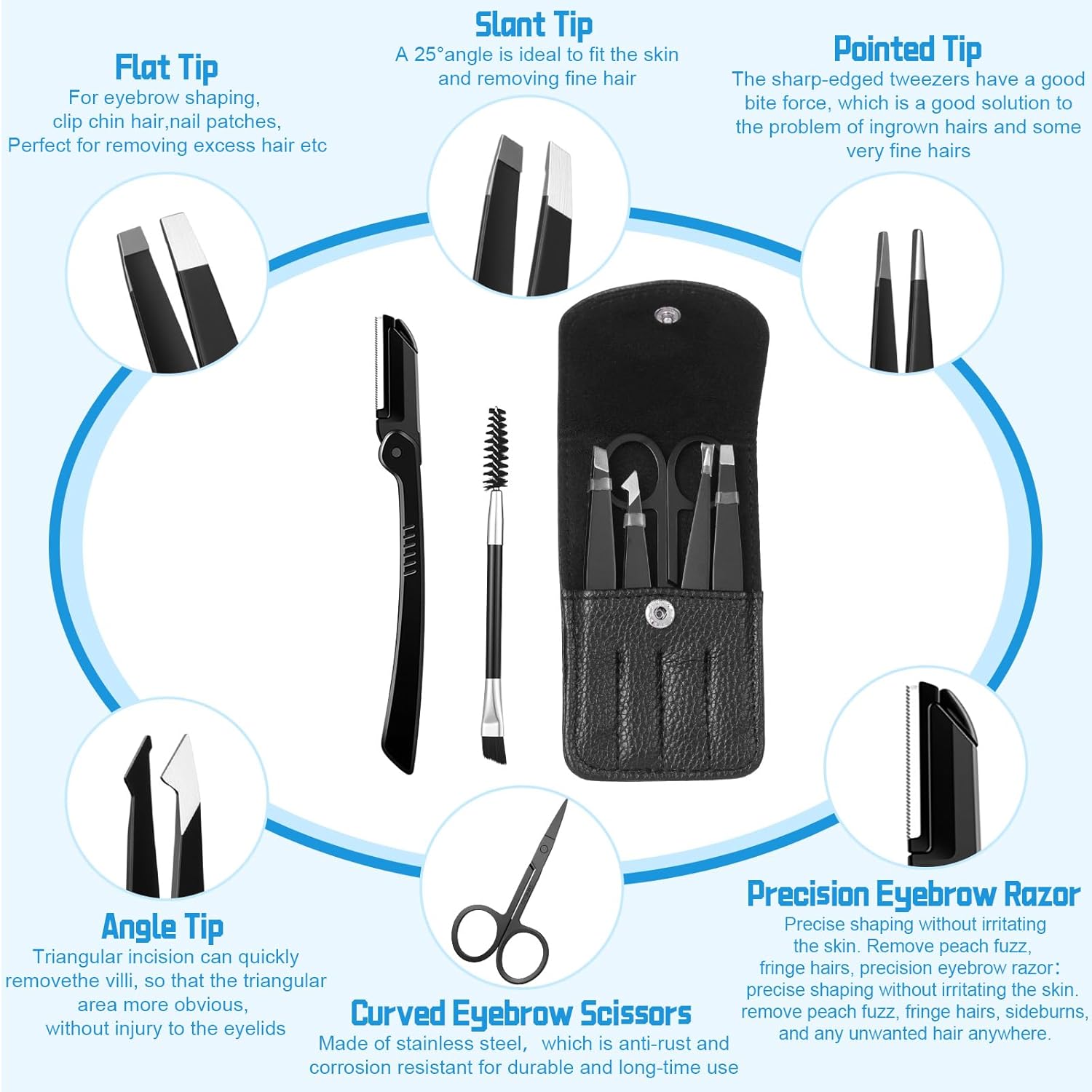 12 Set 6 Pcs Eyebrow Tweezers Kit Christmas Stocking Stuffers Professional Stainless Steel Tweezers Set for Women and Men Facial Hair Splinter and Ingrown Hair Removal(Black)