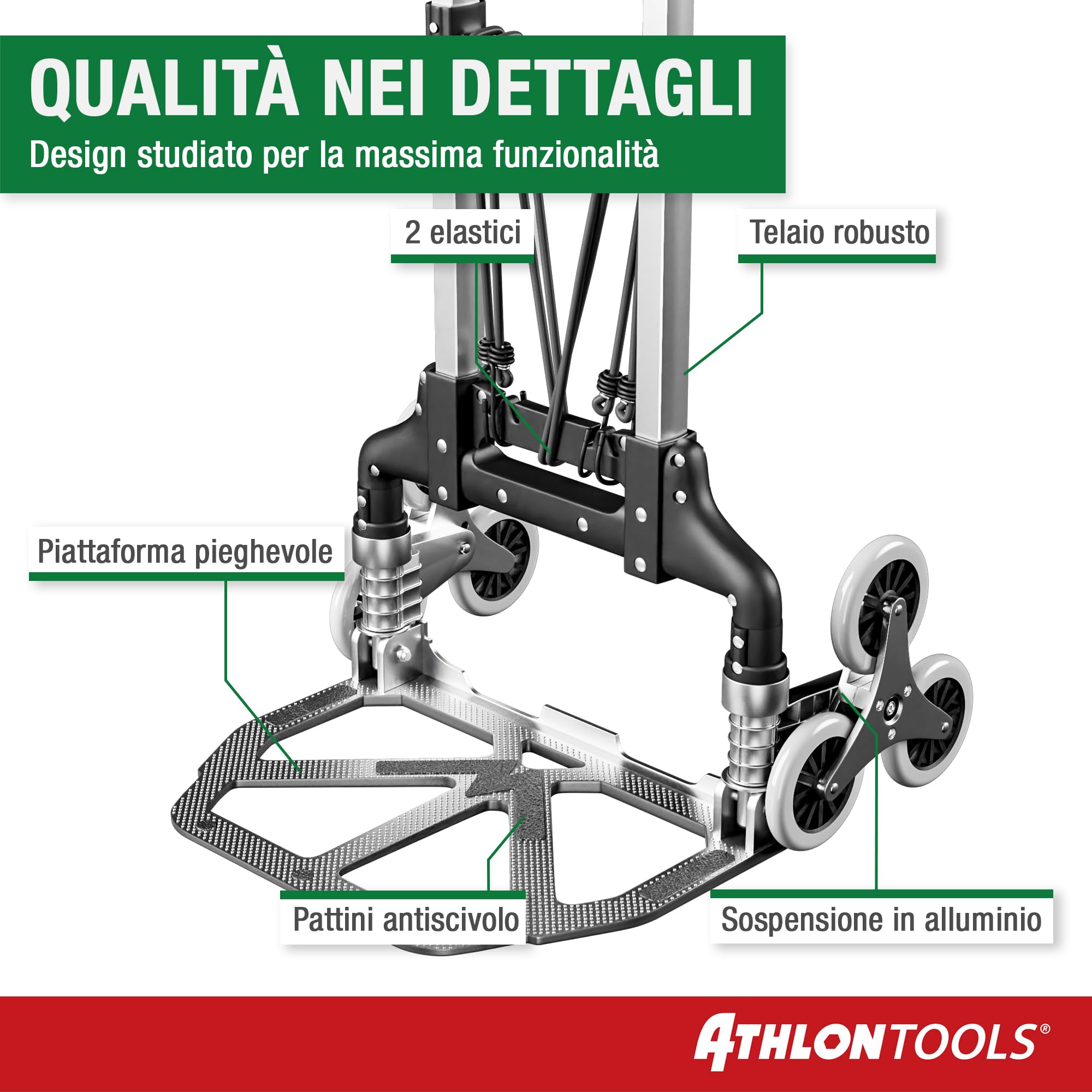 ATHLON TOOLS Carrello pieghevole in alluminio CLASSIC TÜV GS-certificato - superficie di carico con cuscinetti antiscivolo - Ruote con battistrada soft - incl. 2 corde elastiche - modello 2024