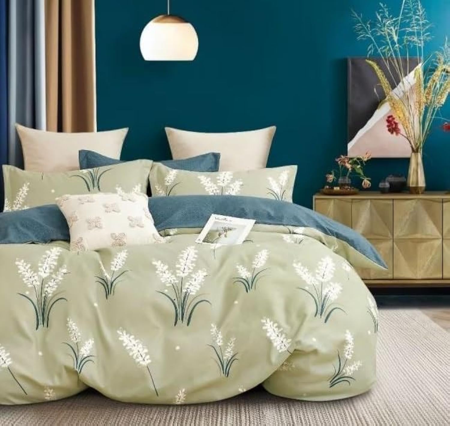 WH TEXTILES : 6 Pieces Premium King Size Cotton Bedsheet - DUvet Cover Set | 1 Fitted sheet 200 * 200 cm (+30cm) + 1 Quilt Cover 220 * 240 cm + 4 Pillow Cases 50 * 75cm (Floral-3)