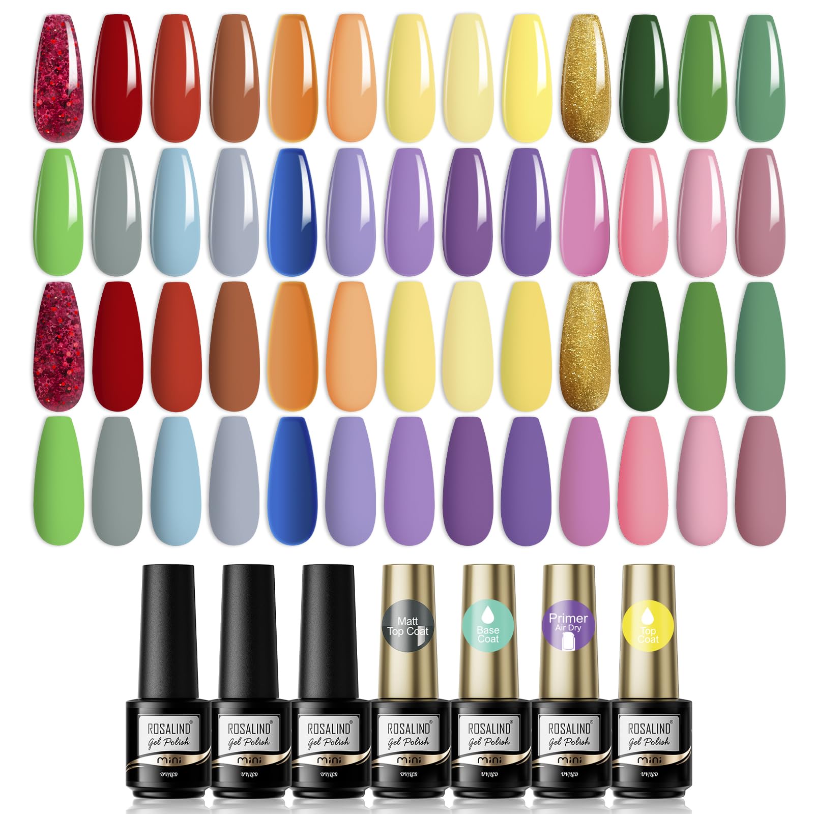 ROSALIND Esmaltes Semipermanentes para Uñas, Pintauñas Semipermanentes 30pcs con Primer, Base, Top Coat Brillante y Mate, 26 Colores Kit Uñas Semipermanentes con Marrón Rosa Calabaza Gris
