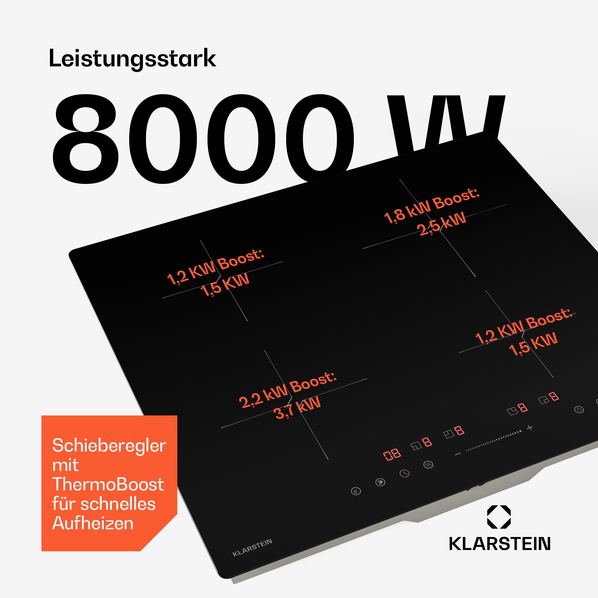 Klarstein PowerGlide Induktionskochfeld - 4-Zonen Induktionsherd, 7800 W Power Boost, 9 Heizstufen, SenseControl, Timer & Kindersicherung, 60 cm Elegantes Design