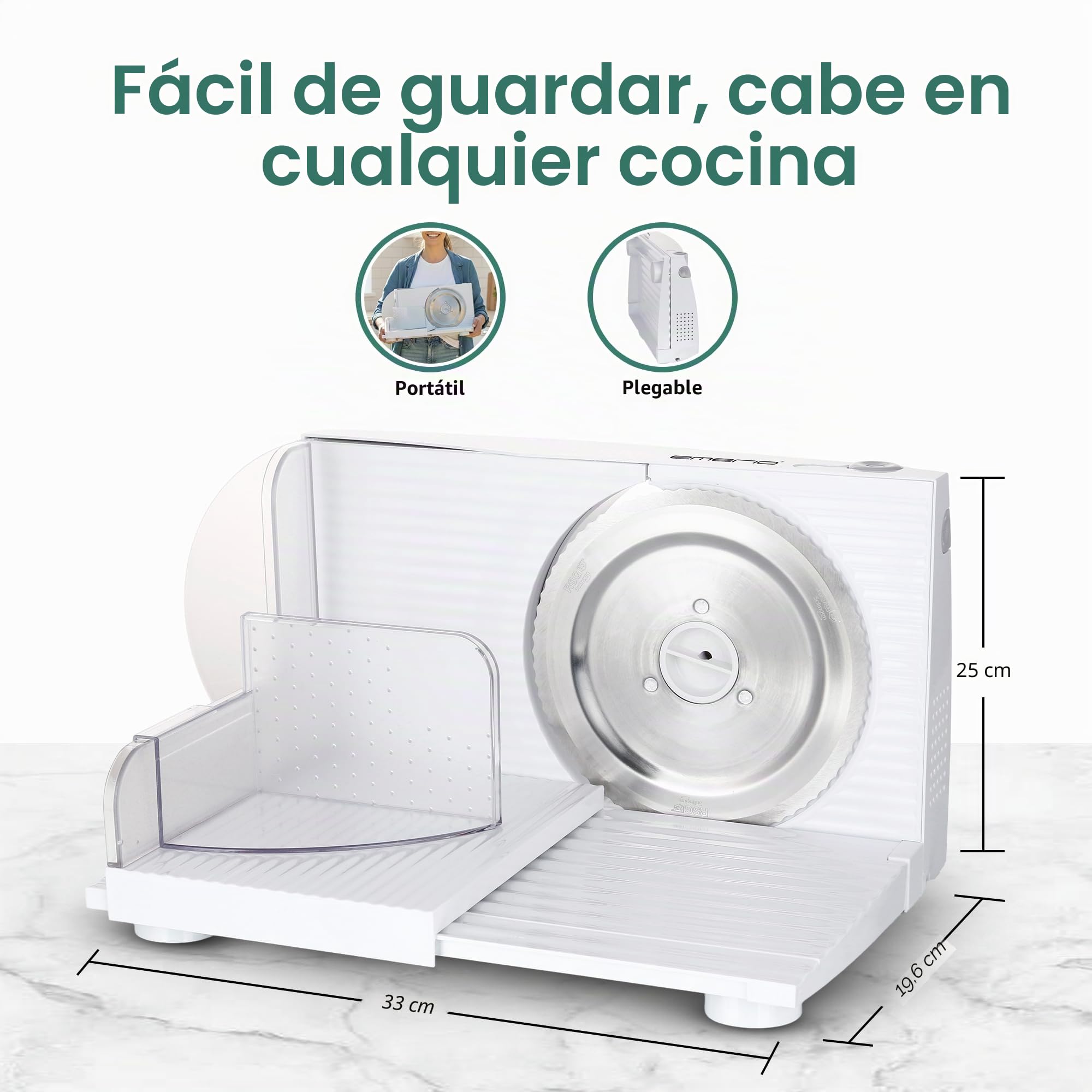 EMERIO Cortadora multiusos, Made in EU, MS-125000, cuchilla de acero inoxidable de Alemania, ajustable de 0 a 17 mm, plegable para ahorrar espacio, con interruptor de seguridad, Eco 100 W