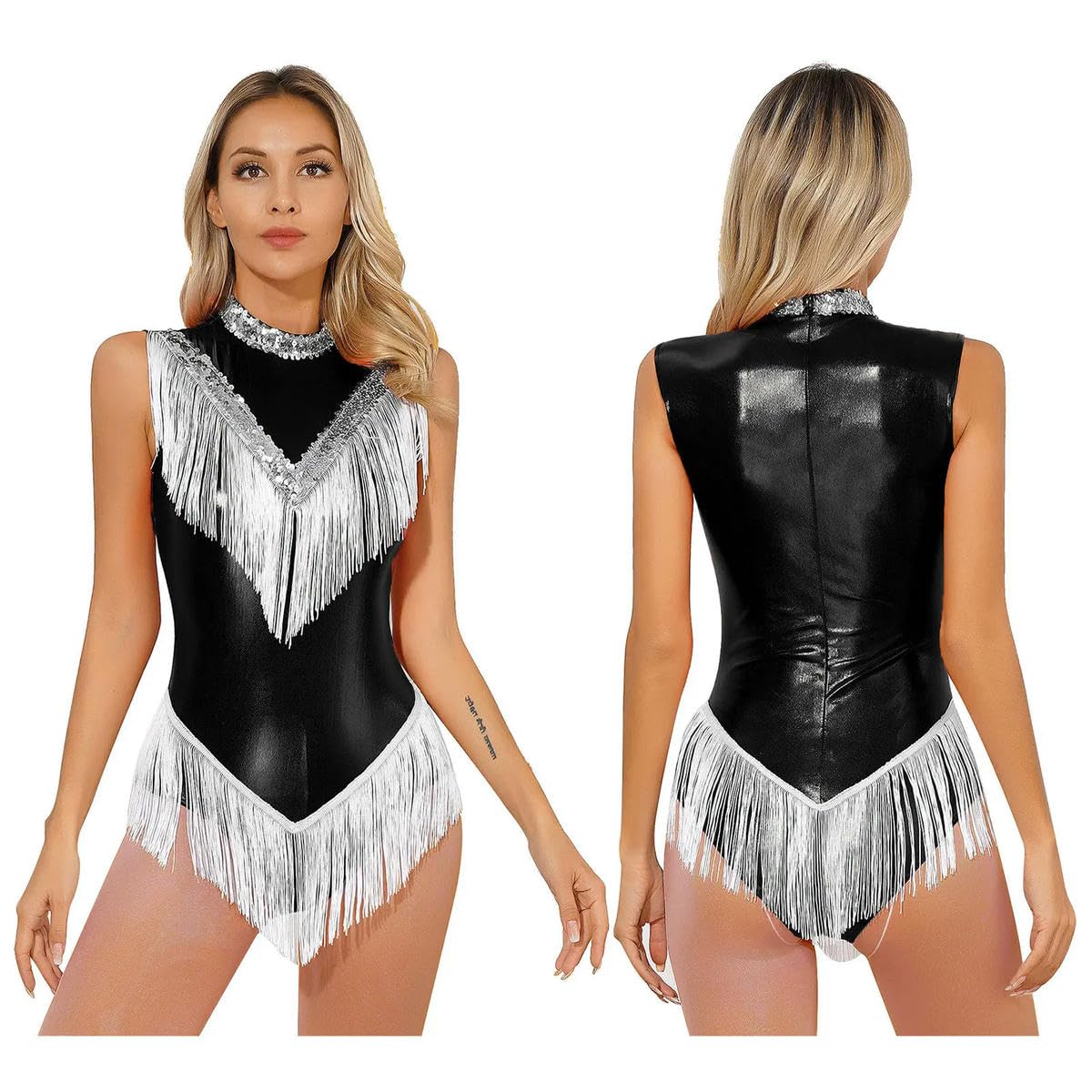 Body con frange altalene senza maniche body per le donne paillettes nappa body latino tango cha-cha danza costume performance, Nero , M