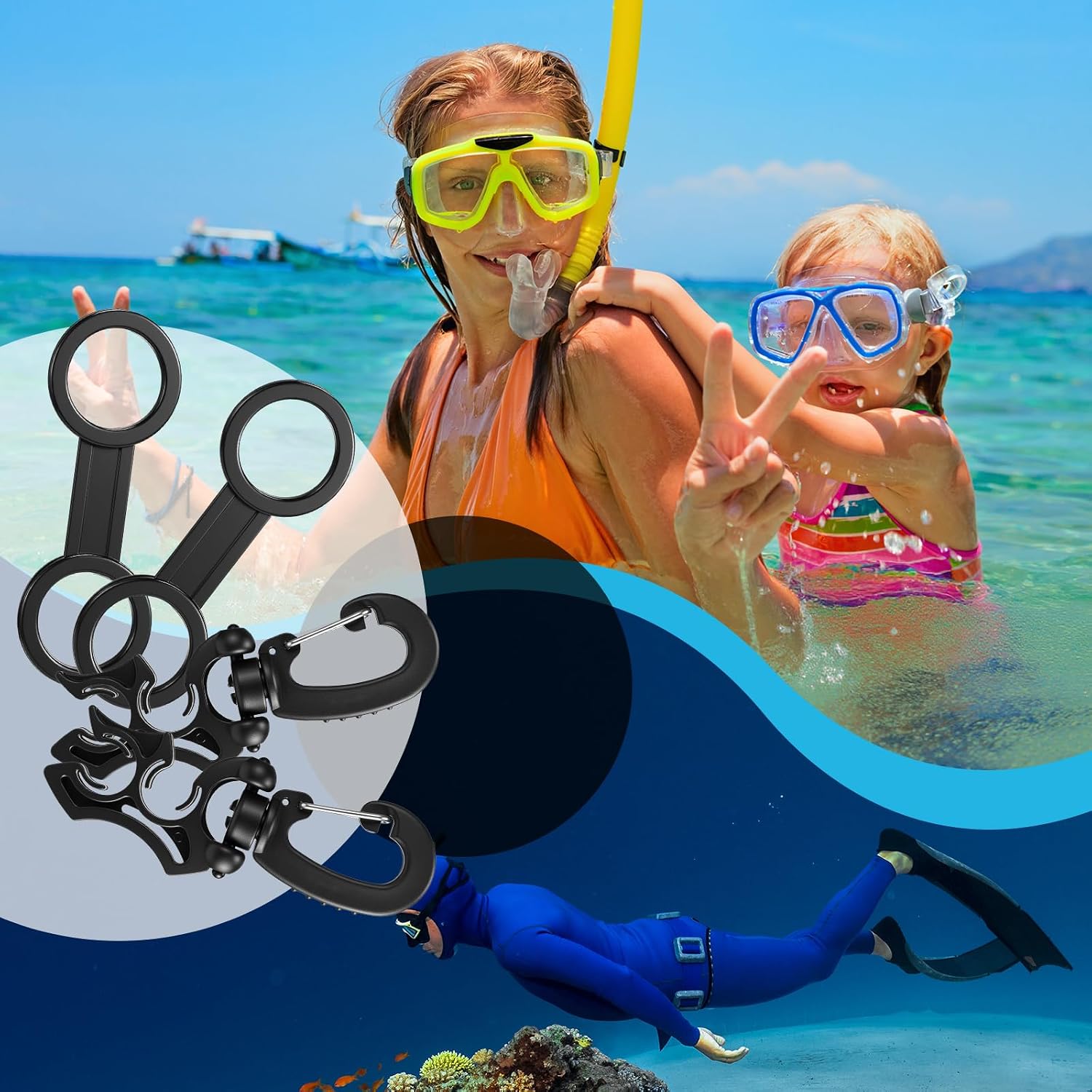Weewooday 8 Pcs Scuba Diving Snorkel Keeper Double Scuba Bcd Hose Clip with Snap Hook Buckle Silicone Snorkel Mask Strap Accessories Retainer Universal Plastic Attachment Replacement Gear Accessories