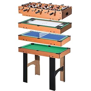 HOMCOM Mesa Multijuegos 4 en 1 para Niños +6 Años Mesa de Juego con Futbolines, Mesita de Billar y Ping-Pong 92x78x80 cm Natural y Negro