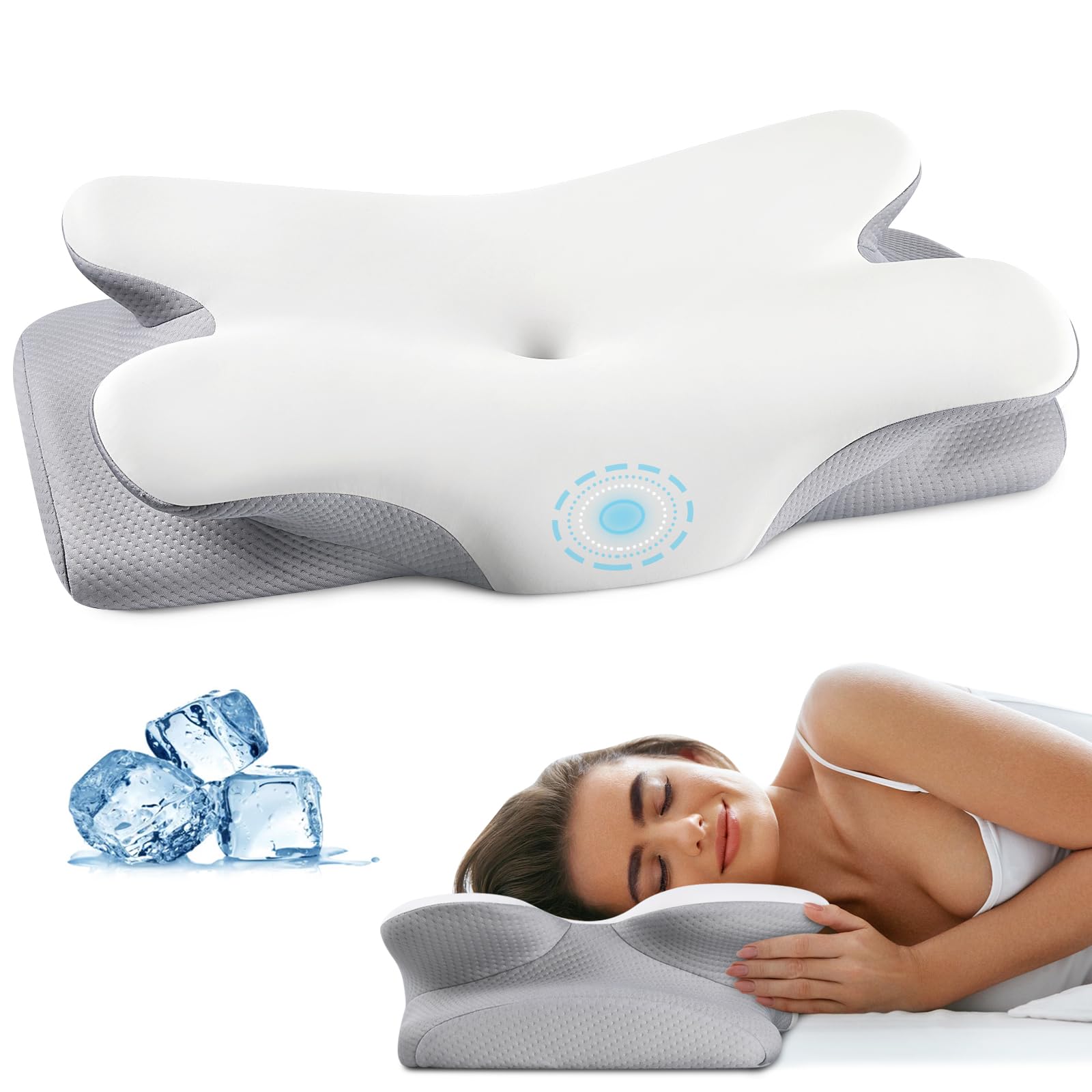 Cervical Neck Pillow for Pain Relief - Contour Memory Foam Pillows with Cooling Pillowcase, Neck Support Pillows for Sleeping, Ergonomic Orthopedic Pillow for Side, Back, Stomach Sleepers (White)