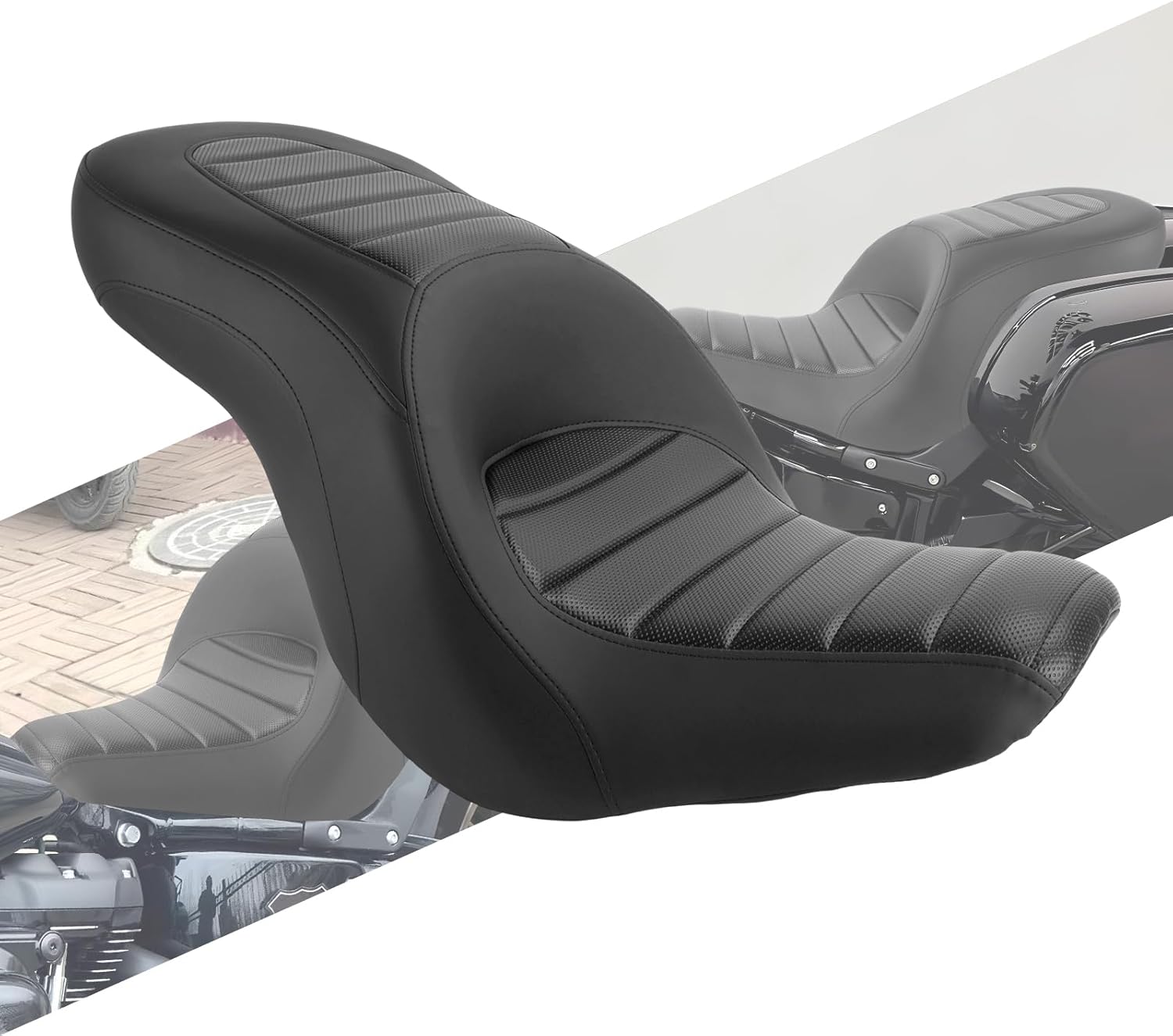 One-Piece Rider Passenger Seat Fit for Harley Softail Sport Glide FLSB Low Rider FXLR FXLRS FXLRST 2018-2024 Black Leather Cushion with Striped Stitching