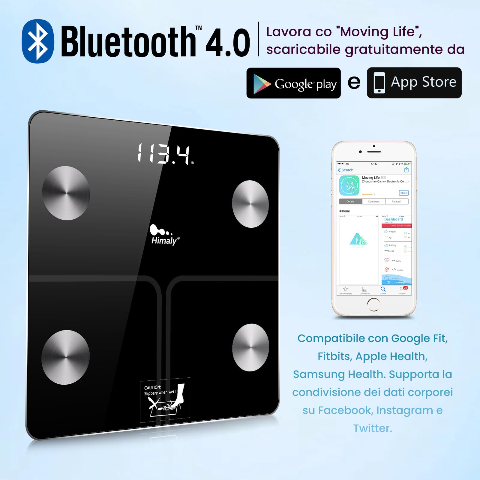 Himaly Bilancia Pesa Persona Digitale Bilancia Pesapersone Impedenziometrica Professionale Elettronica, Compatibile con Bluetooth, Peso di 180 kg per IOS e Android
