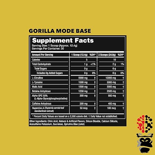 Miniatura 7 de Gorilla Mode Base - Preentrenamiento - Aumenta el óxido nítrico, enfoque y conducción intensos, resistencia, potencia, L-citrulina, L-tirosina,