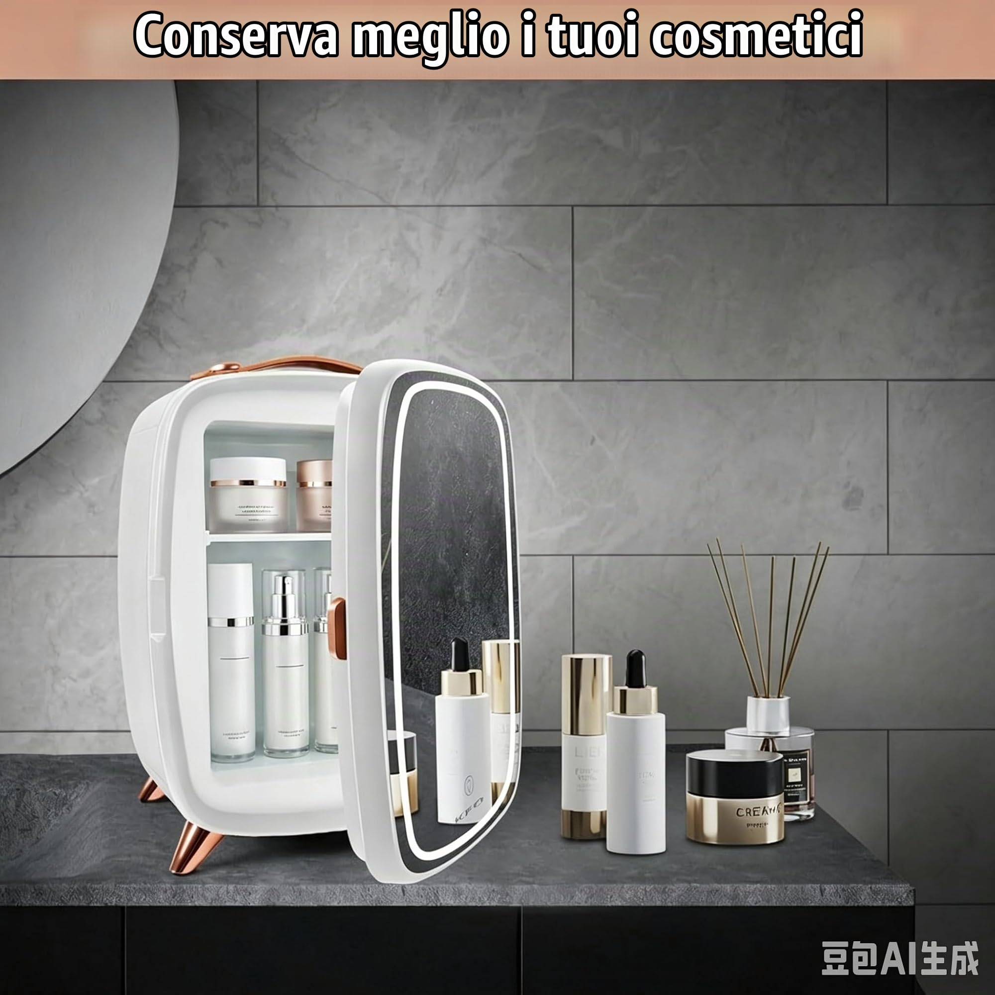 KFO Frigorifero portatile a specchio di bellezza con illuminazione a LED, Mini frigorifero portatile da 6 litri per trucco, 6 litri / 8 lattine 3 LED Mirror Light Mode