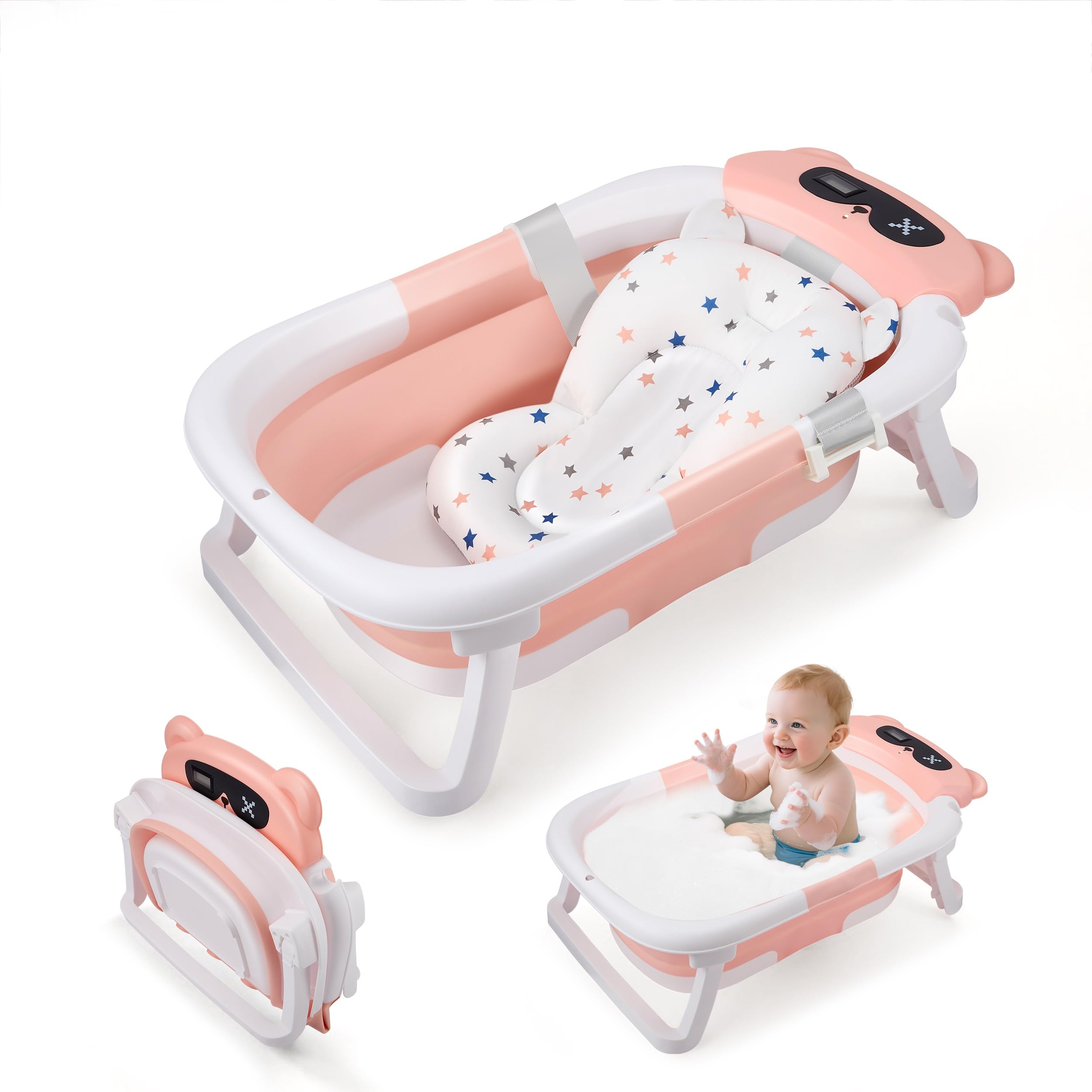 Baby Bathtub for Infants Collapsible Baby Tubs for Newborns with Cushion and Thermometer 0-36 Month Pink