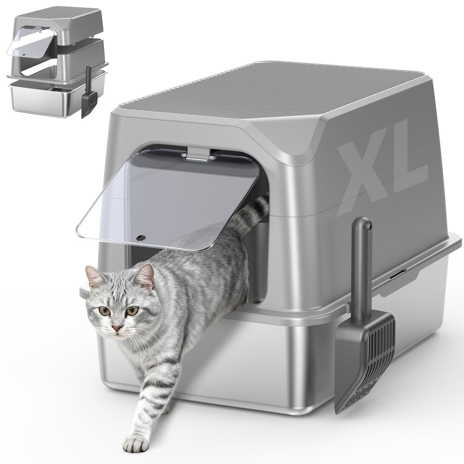 XL Stainless Steel Litter Box with Lid, Enclosed Cat Litter Box,Front Entry