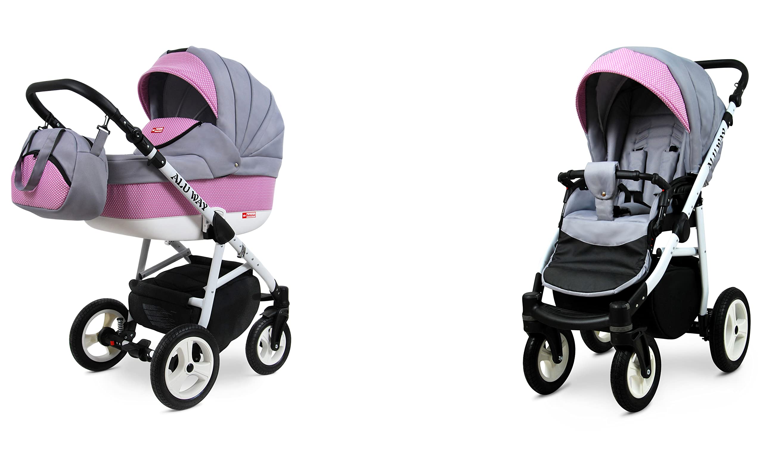 BabyLux Aluway 2 in 1 Sistema da viaggio per bambini Carrozzina Passeggino Regolabile Parapioggia Staccabile Coprigambe Da neonato a bambino Pneumatico in schiuma di poliuretano Light Pink