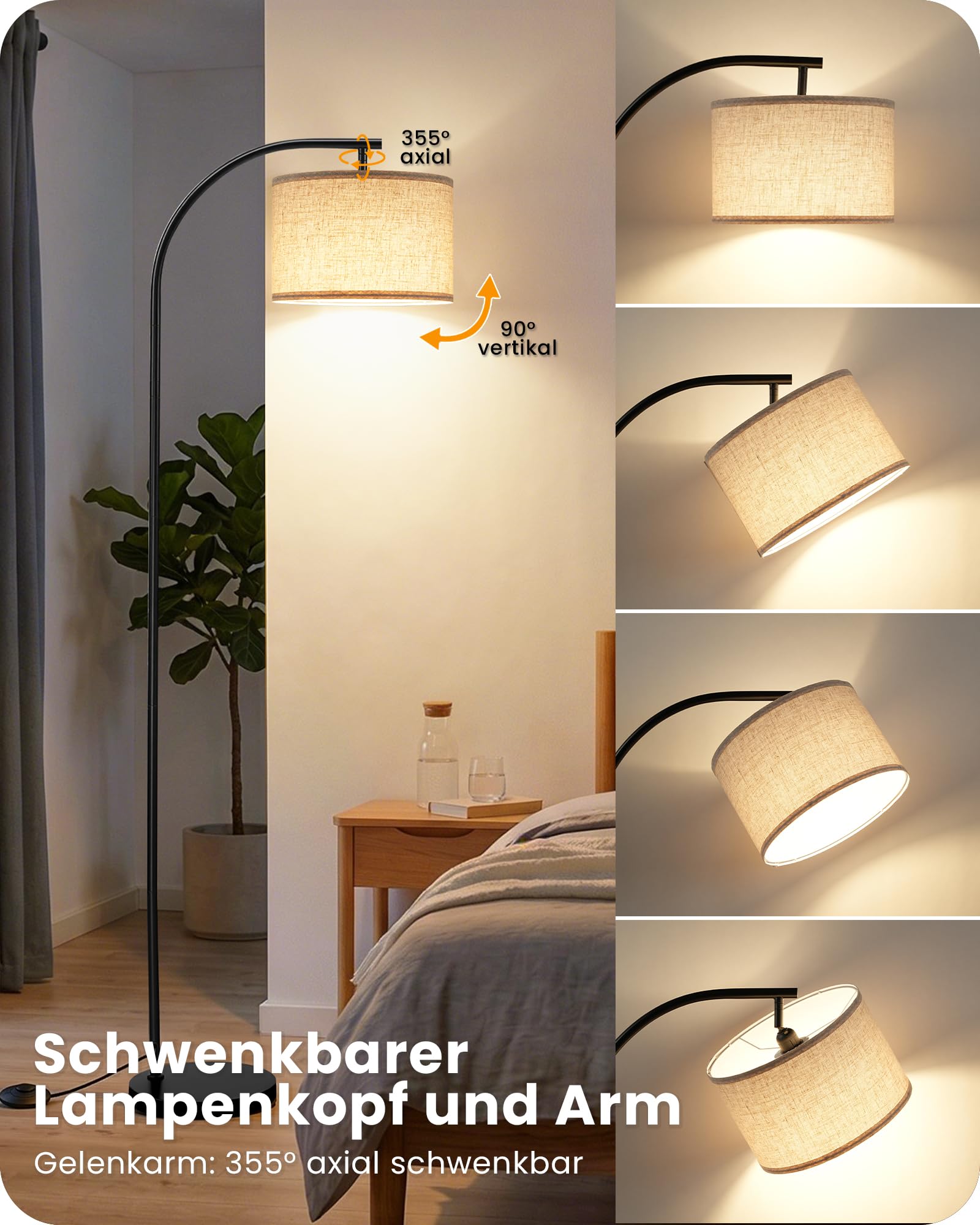 Stehlampe aus Leinen, Schwarz, Stehleuchte mit 3 Farbtemperaturen