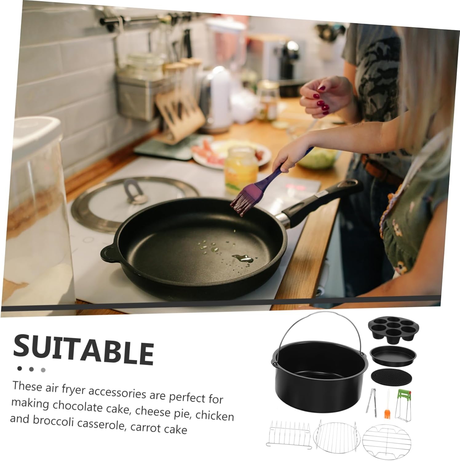 OUNONA 9pcs 8 Air Fryer Accessory Set for Pizza and Cupcake Pans Versatile Kitchen Tools for Baking Soups Stews and Dishwasher Random Color