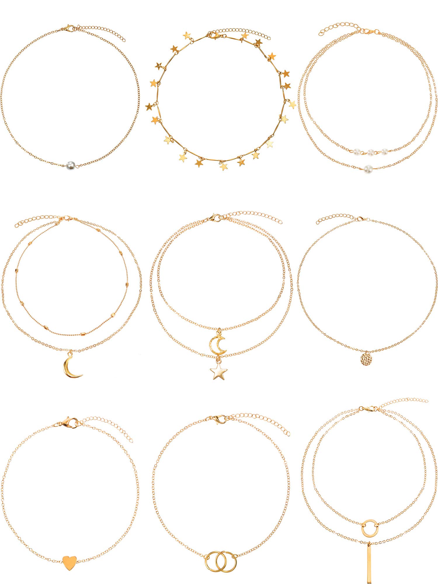 BBTO 9 Pieces Gold Layering Chain Choker Necklace Layered Pendant Statement Necklace for Women Girls (Style B)