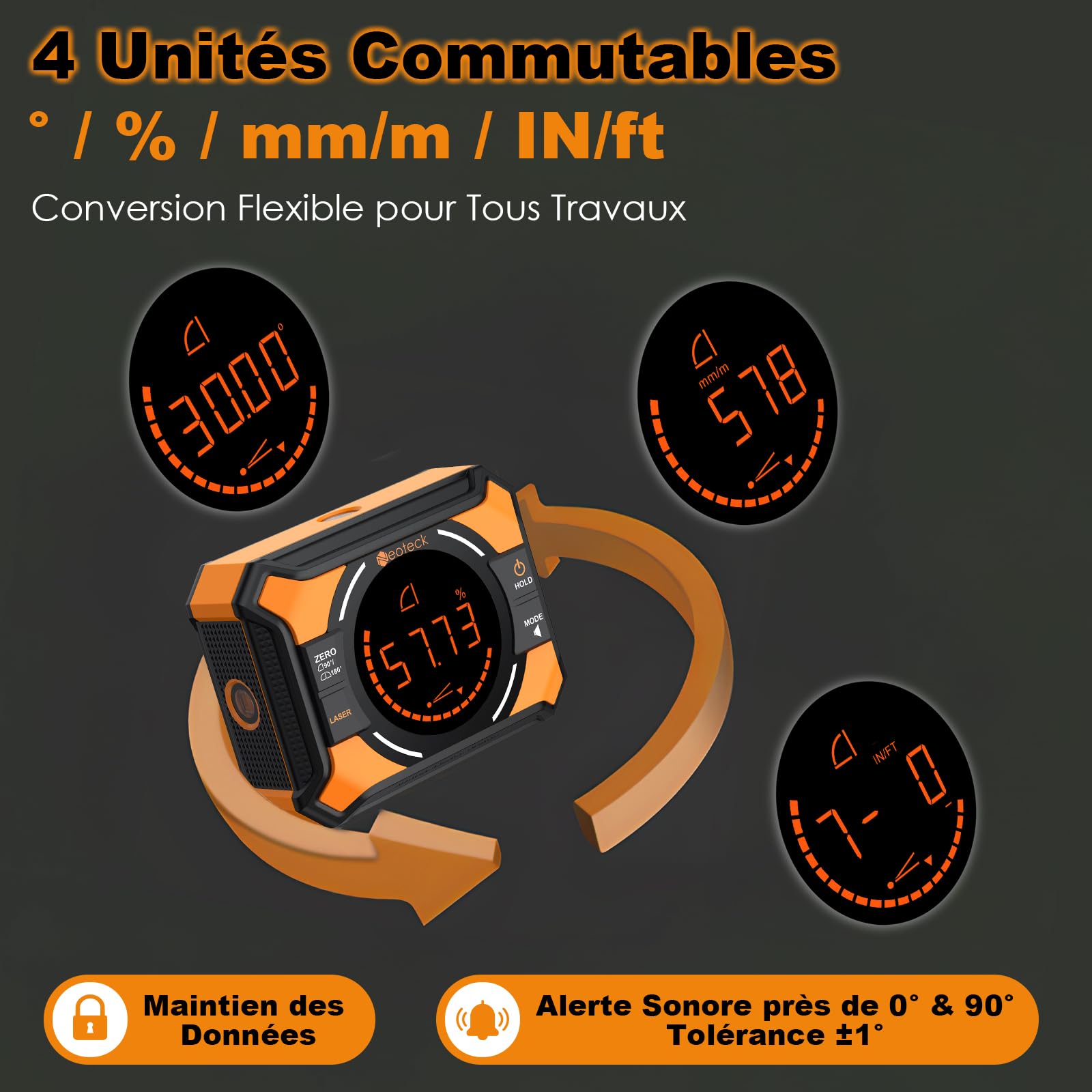 Neoteck 4x90°Inclinomètre Numérique avec 2 Laser - Rechargeable 2 Faces Magnétique Écran LED Rétroéclairé Double Bulle Électronique – Outil de Mesure d’Angle pour Menuiserie Bricolage Chantier