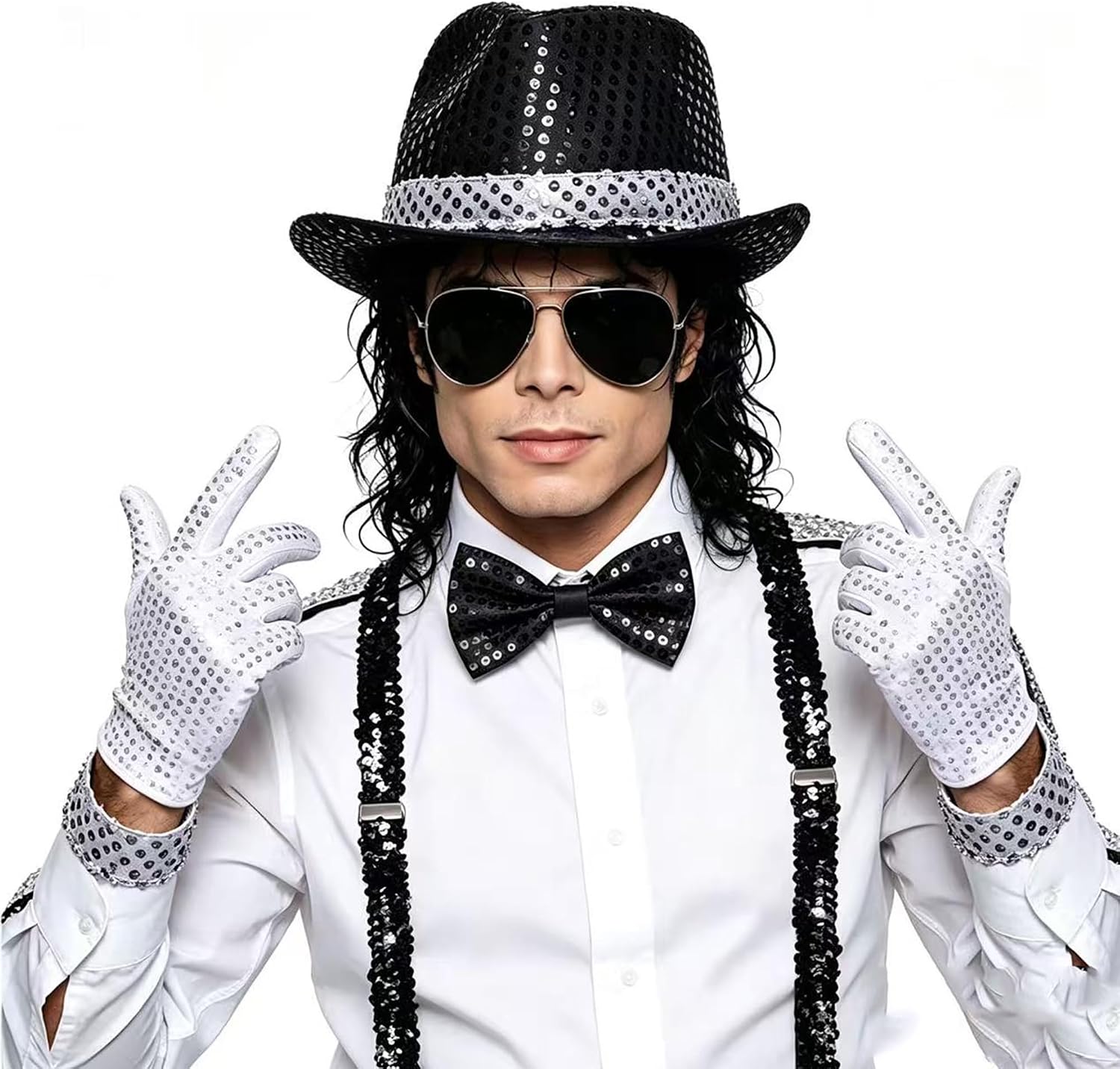 70s 80s Disco Costume Set Sequin Fedora Hat Gloves Tie Suspenders Bow Ties Sunglasses Unisex Adult Halloween Cosplay