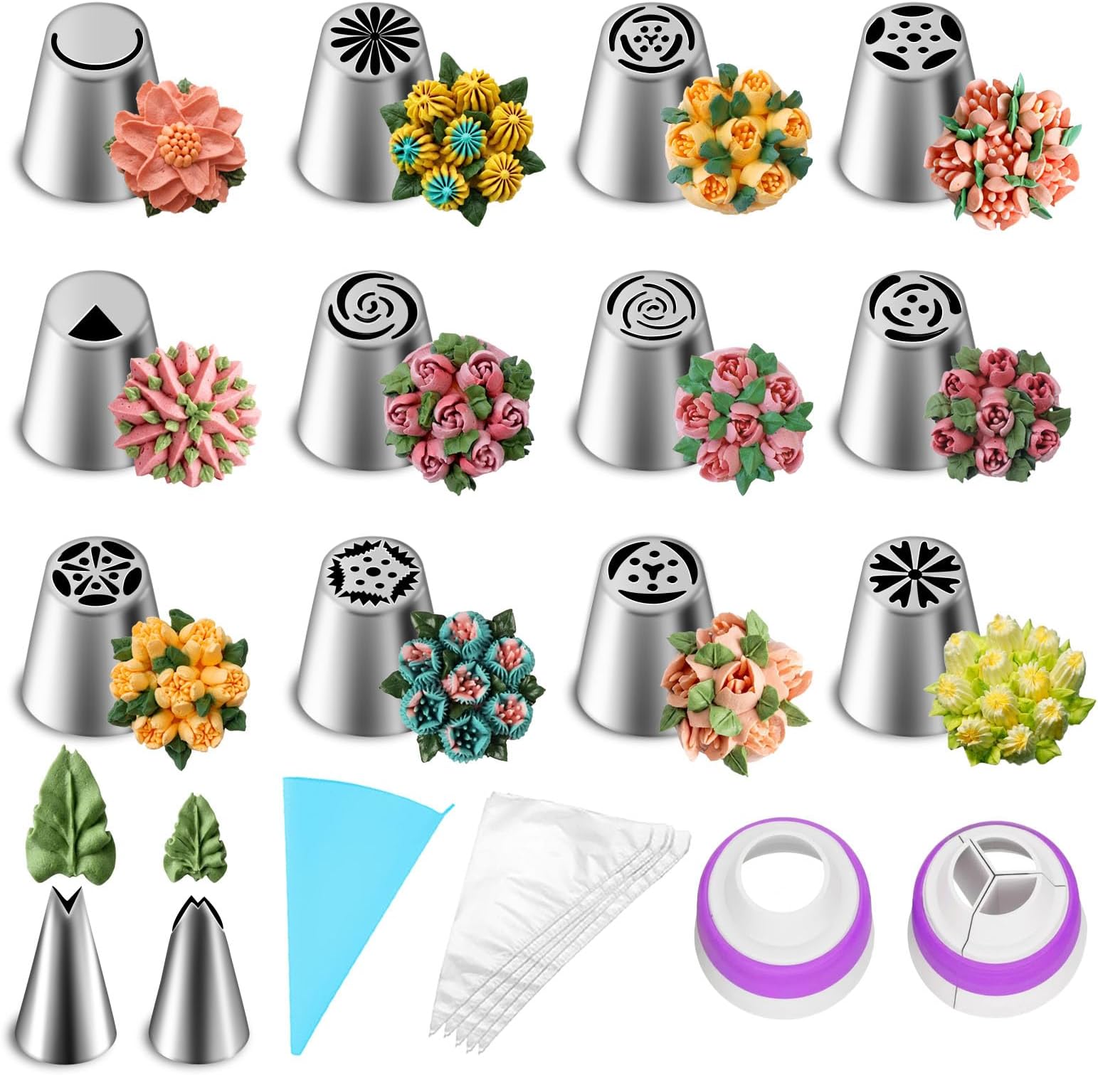 Suuker 27 Pieces Russian Piping Tips Set, Cake Decorating Supplies for Cupcake Cookies Birthday Party (12 Icing Tips, 10 Pastry Baking Bags, 2 Leaf Piping Tips, 2 Couplers, 1 Silicone Bag)