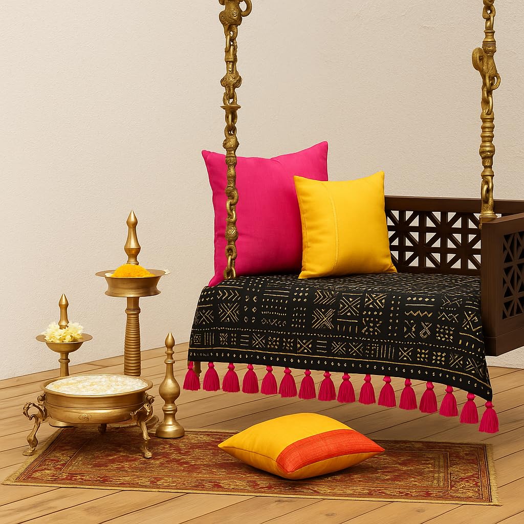 Black Tribal Wooden Swing Seat Cover with Tassels | 3 Ft Indian Jhoola Bench Cover for Indoor Outdoor Swing | Solid Wood Swing Jhula Cover for Courtyard, Verandah, Balcony, Living Room Decor-image-28