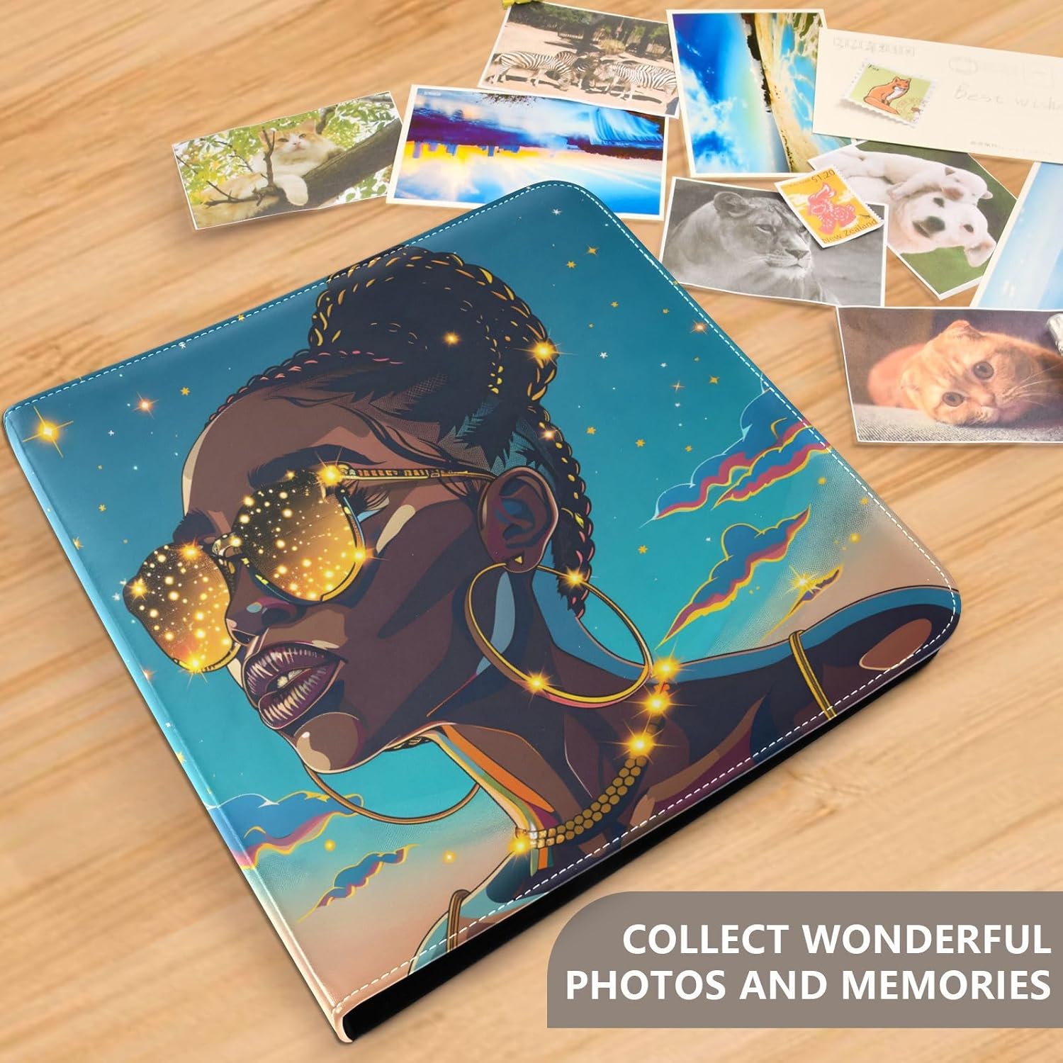 JIPONI Black Cool Trendy Lady Large Photo Album, DIY Leather Cover Scrapbook Albums for 4x6 5x7 6x8 Pictures, Self Adhesive Memory Book for Wedding, Baby, Family