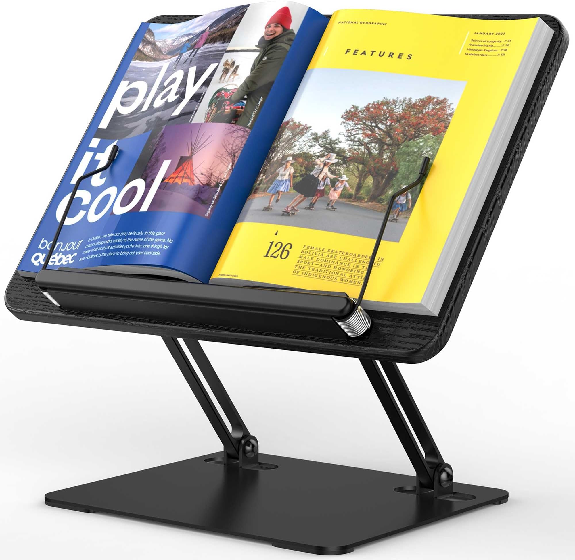 BS01 Book Stand for Reading, Adjustable Book Holder, Ergonomic Laptop Stand with Elastic Page Clips for Music Scores, Recipe, Tablet, Laptop (Black)