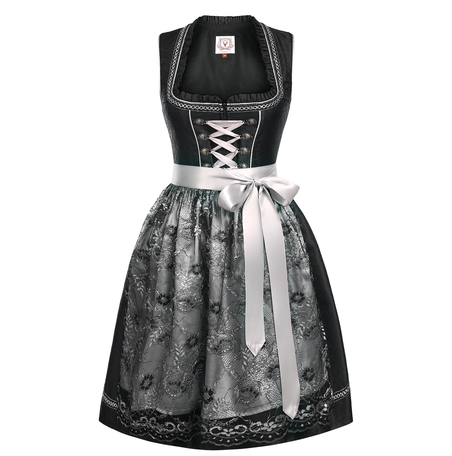 Funspread Dirndl Damen Midi Schwarz - Dirndlkleid mit Spitzenschürze Trachtenmode Kleid für Oktoberfest