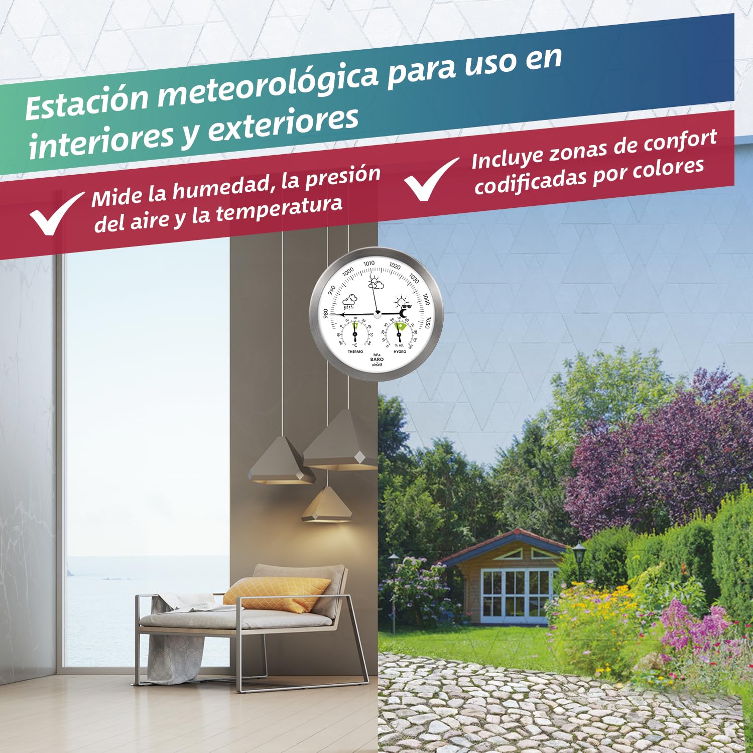 airself Estación meteorológica analógica para Interiores y Exteriores - con barómetro, termómetro, higrómetro - Acero Inoxidable