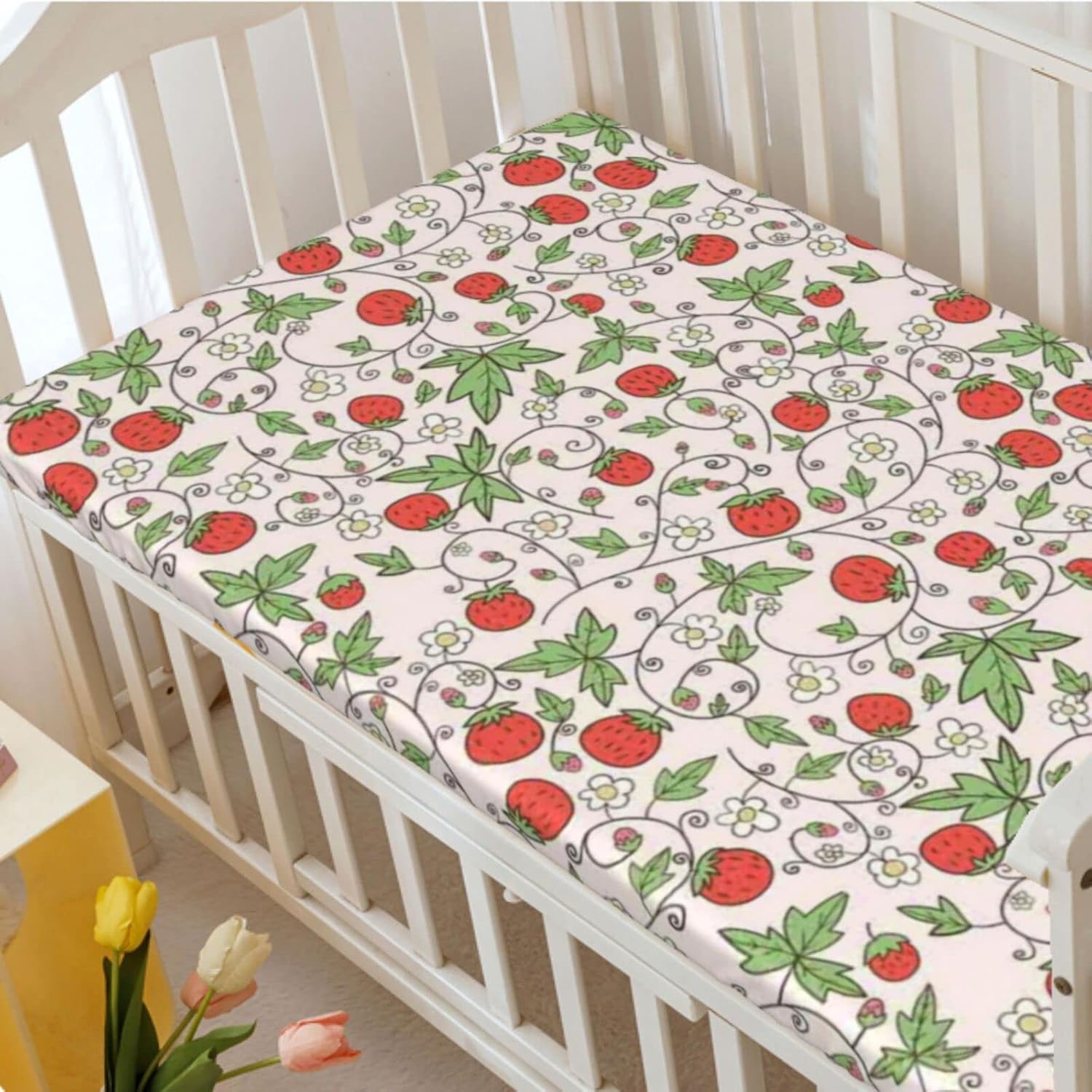 Strawberry Themed Fitted Crib Sheet,Standard Crib Mattress Fitted Sheet Soft & Stretchy Fitted Crib Sheet-Baby Sheet for Boys Girls,28“ x52“,Fern Green Vermilion Rose