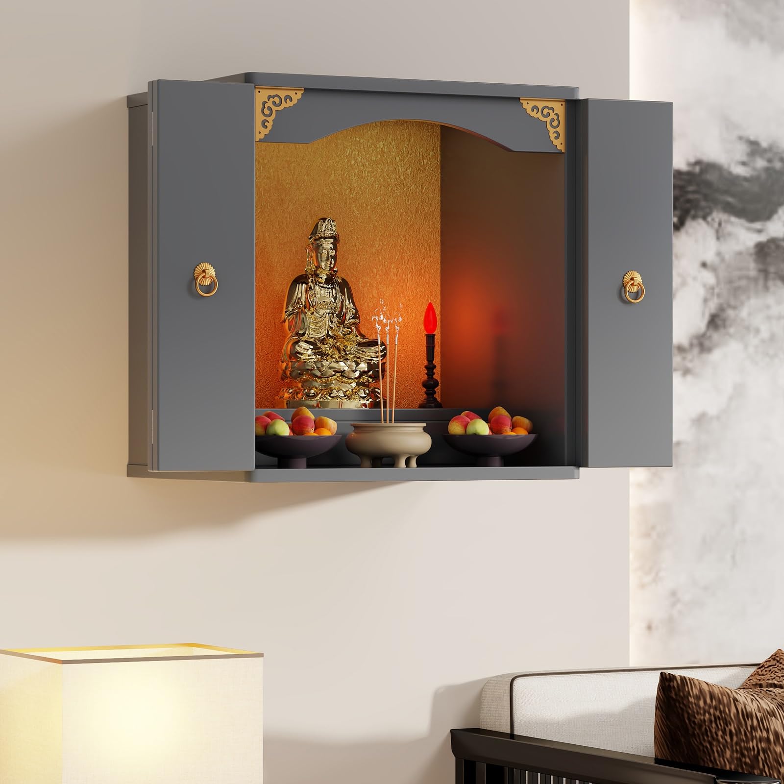 JNTFNE Wall-Mounted Shrine Altar Table，Tabletop Chinese Feng Shui Guan Gong Yin Pooja Statue Display Stand，With door Alter Cabinet(Gray(With door),40 * 40 * 60cm/15.7 * 15.7 * 23.6in)